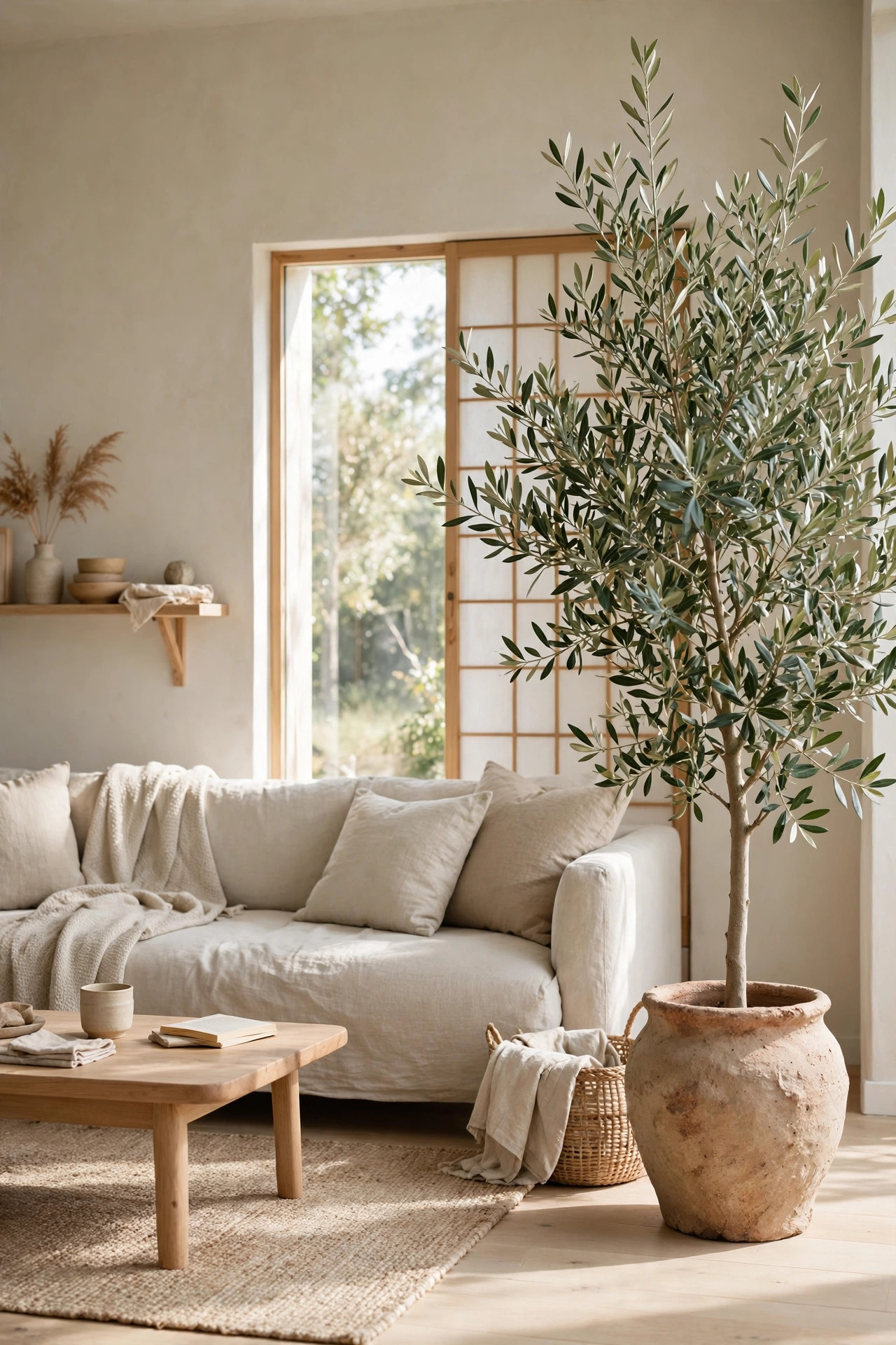 Tall indoor olive tree in a handmade clay pot beside a low linen sofa