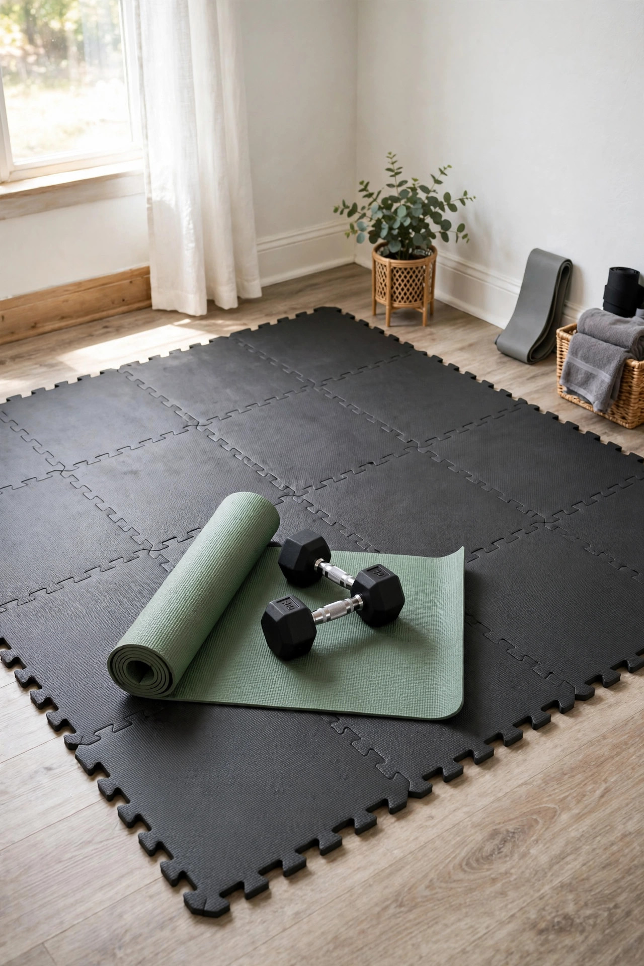 17 Small Home Gym Ideas That Fit in Any Corner 11 Gray interlocking foam floor tiles in a small living room corner gym
