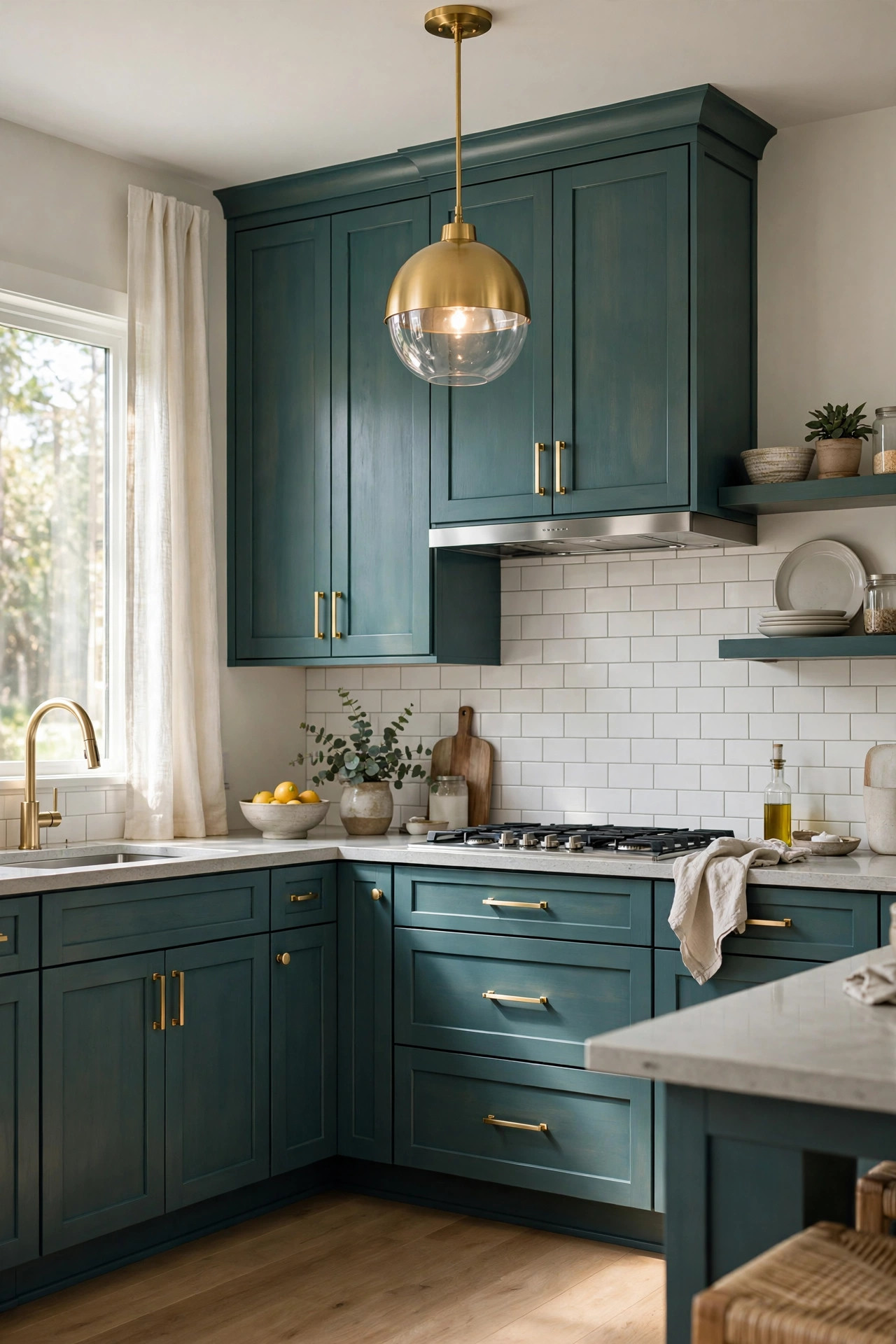 Jade blue green kitchen cabinets with brushed gold hardware and gold pendant light.