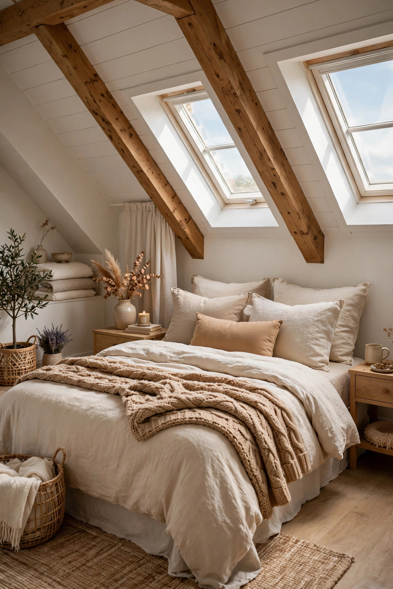 Cozy bed with layered bedding in warm cream and oatmeal neutrals under sloped ceiling.
