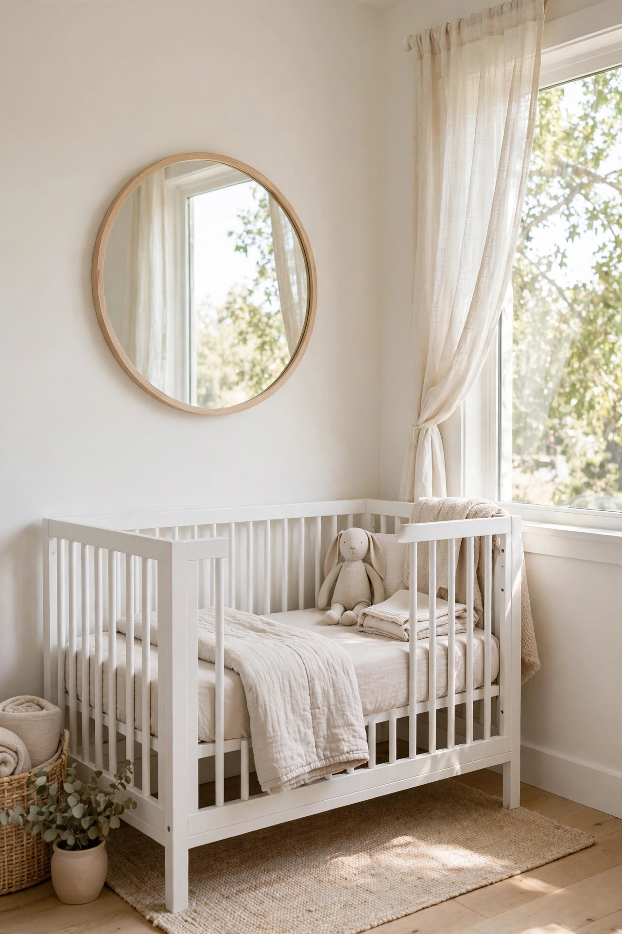 Round wood framed mirror reflecting daylight in a warm white nursery