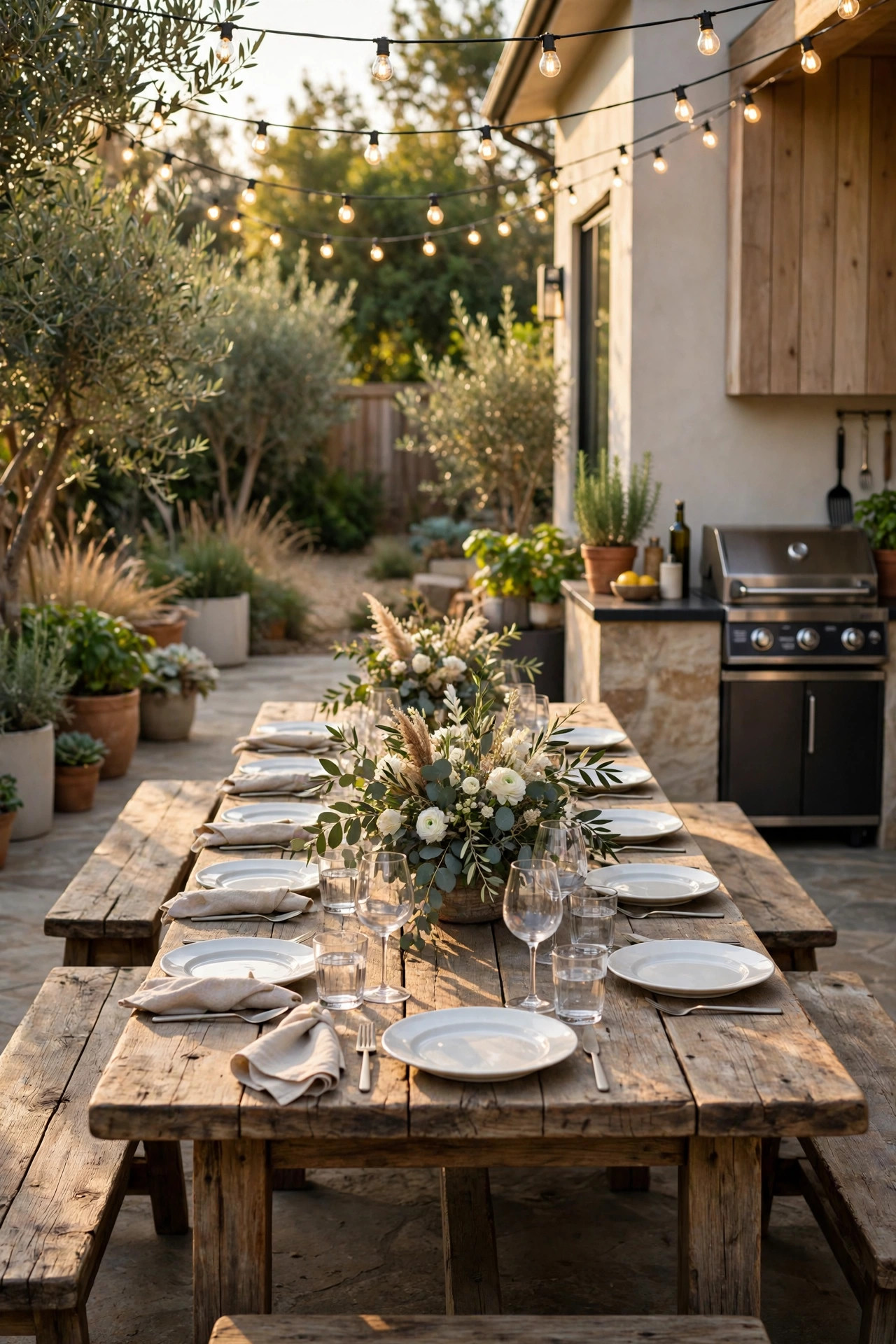 Long wooden dining table set for dinner on a patio beside the grill