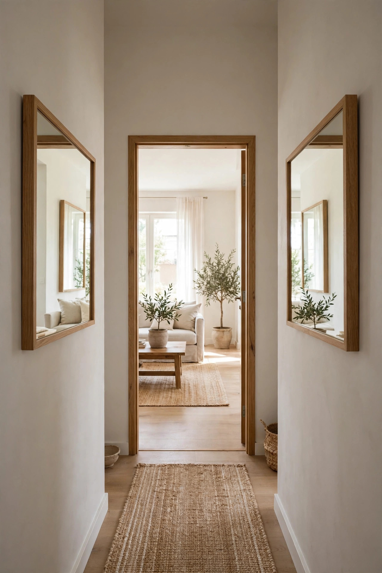 Two matching mirrors flanking a doorway opening into a small foyer