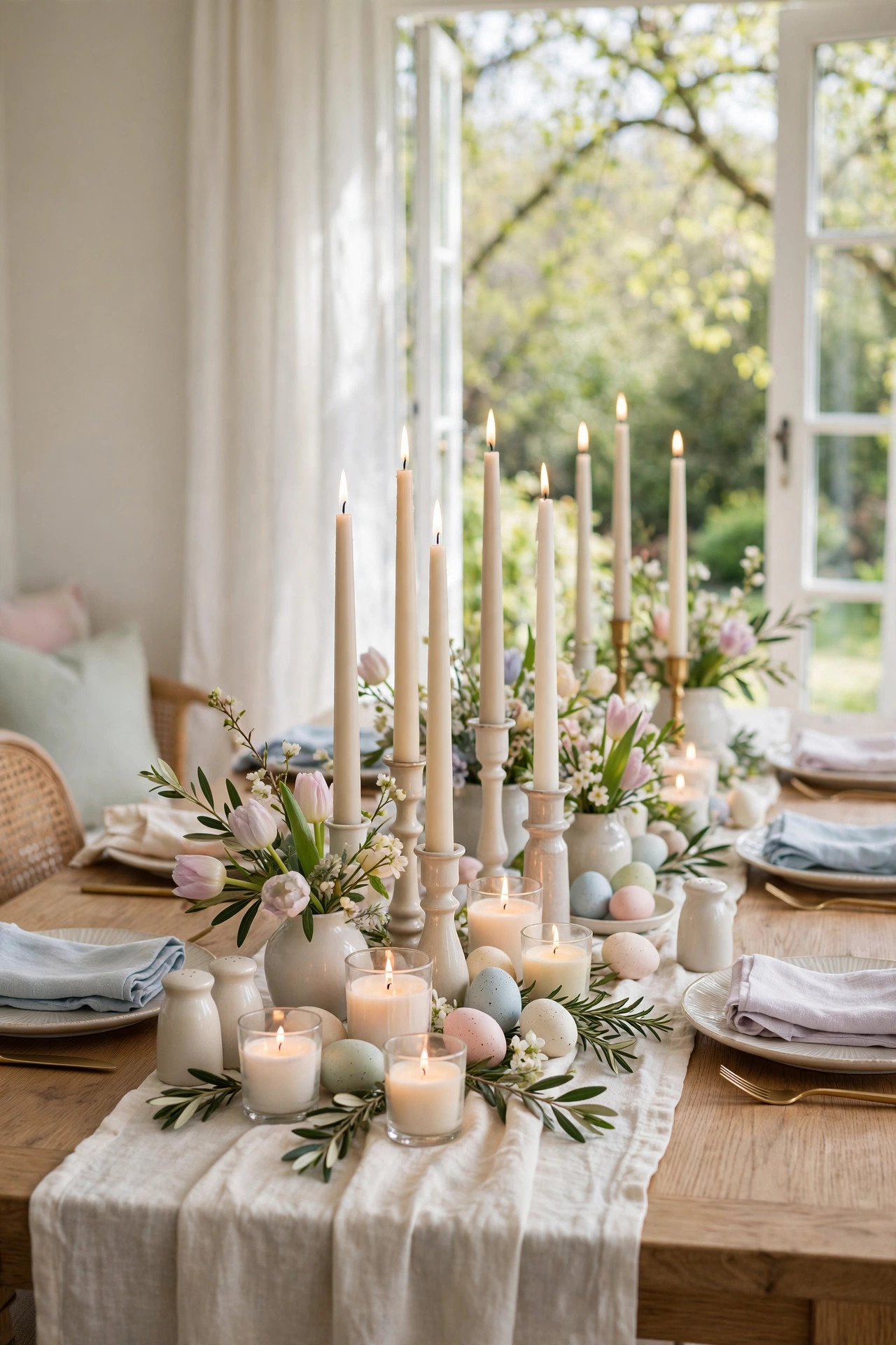 Tall taper candles and small votives mixed along a table