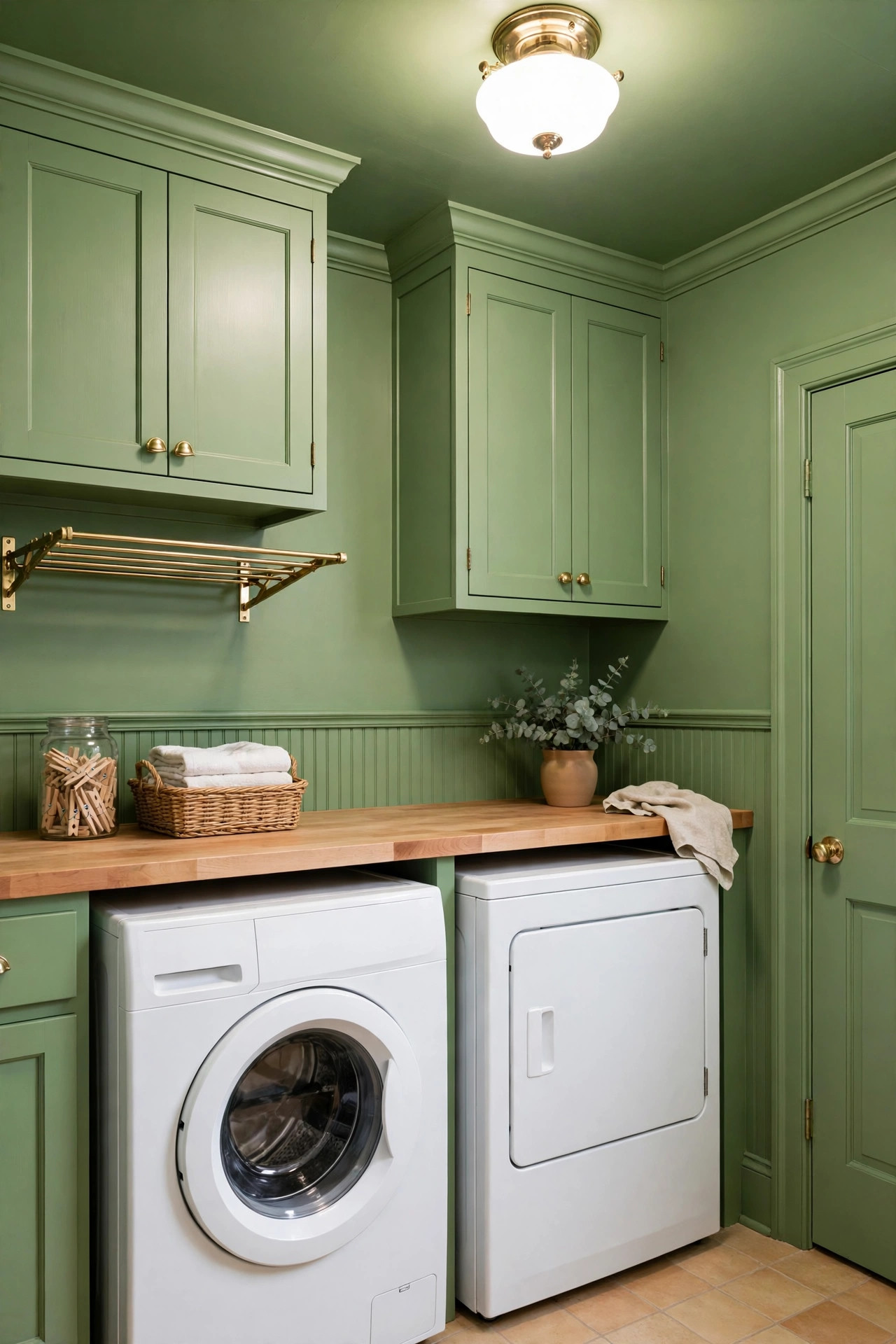 Pine green laundry room with painted cabinets and walls