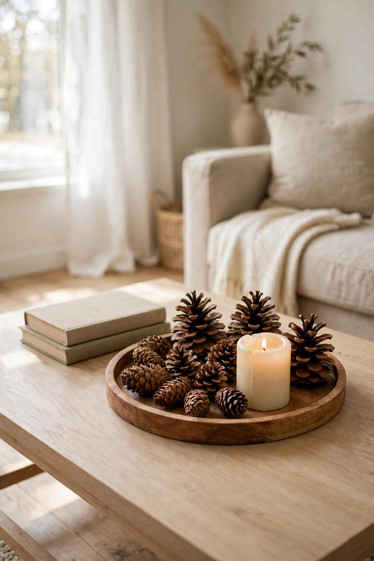 Cozy Winter Home Decor Ideas for After the Holidays 11 Wooden tray on a coffee table holding pinecones, a lit candle, and a small stack of books