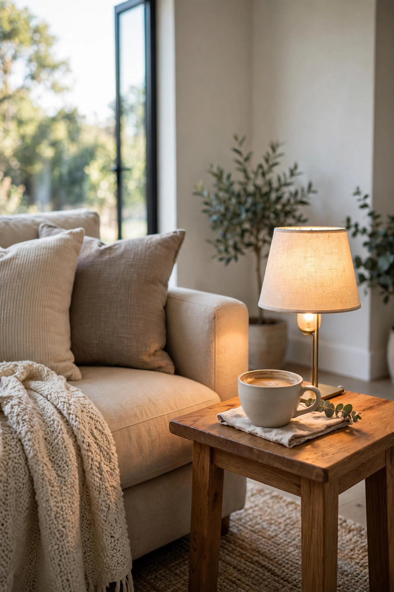 Dimmed table lamp glowing softly beside a sofa with a coffee cup