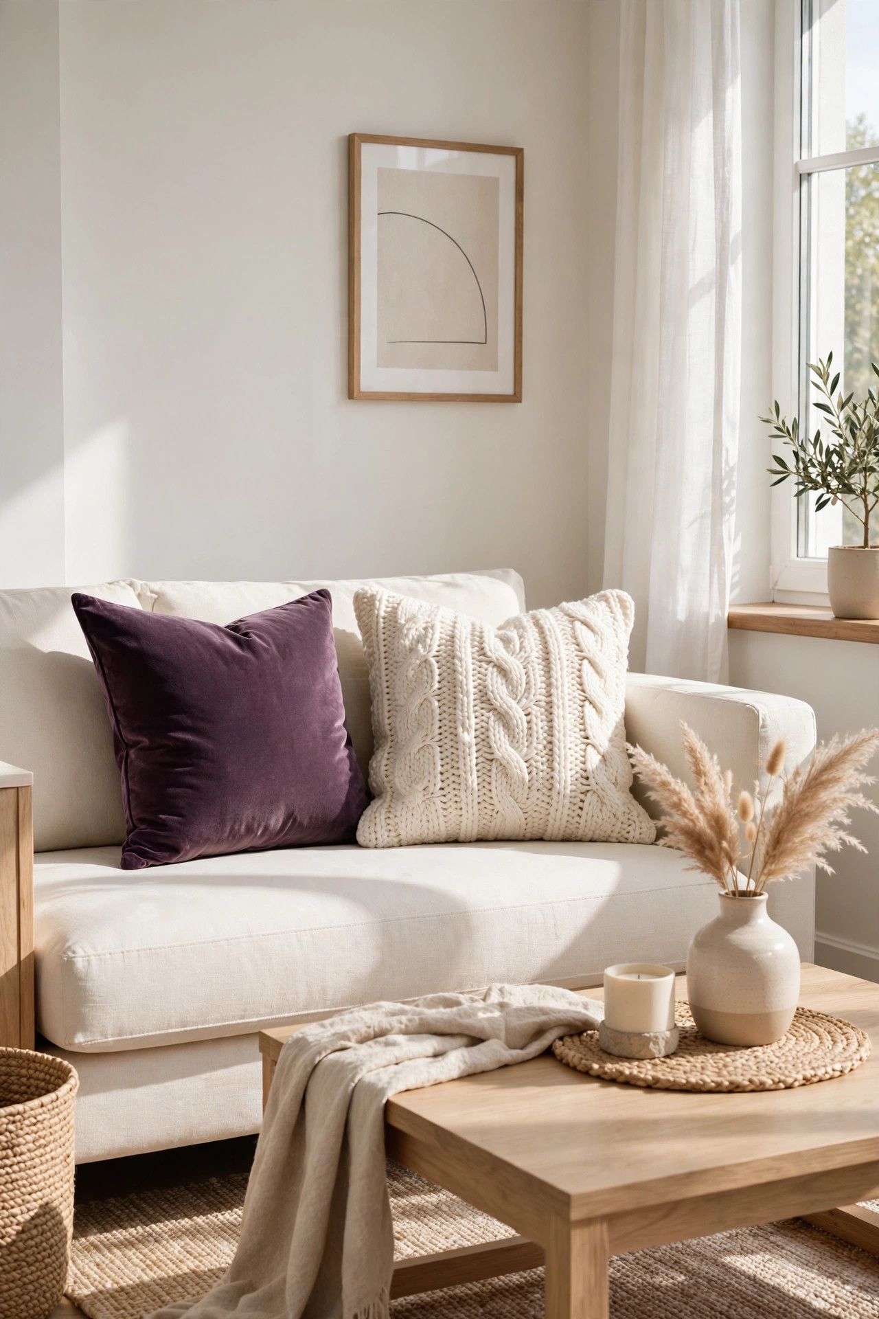 Cream sofa styled with a deep plum purple velvet pillow and an ivory chunky knit pillow in minimal styling