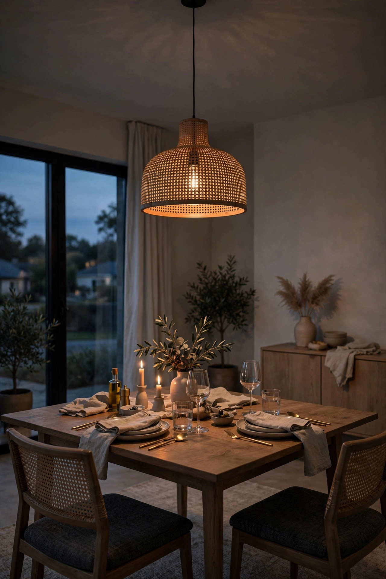 A dining room pendant light glowing softly at a low dim setting over a set table.