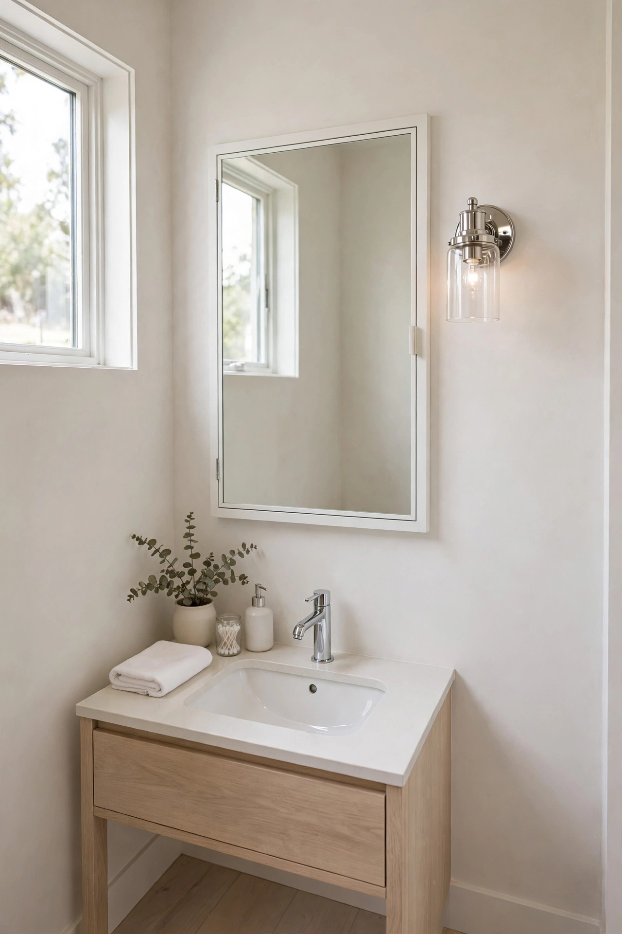Mirrored medicine cabinet recessed flush into a small bathroom wall.