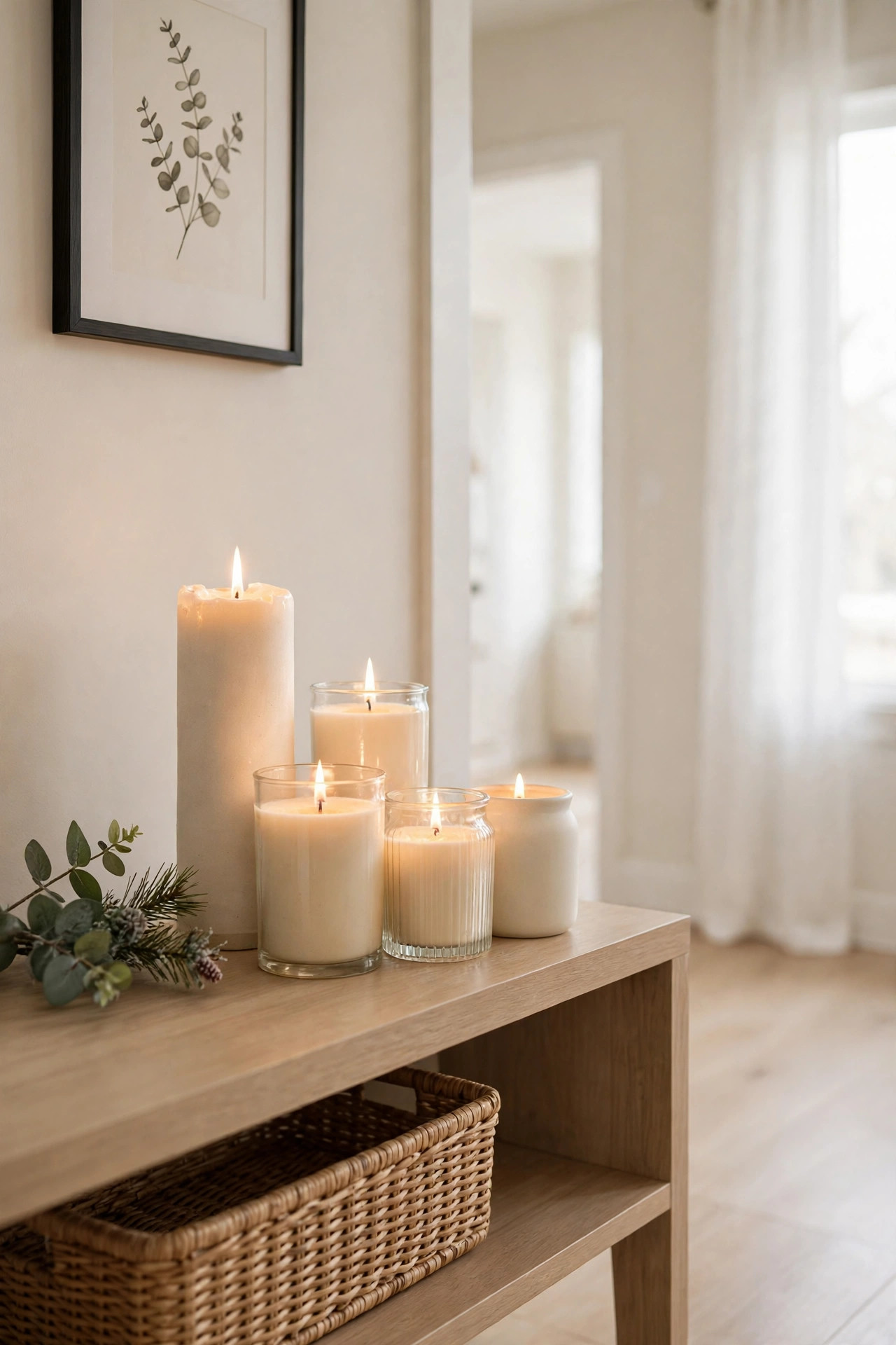 Cluster of scented candles in cream and glass jars on a hallway console table