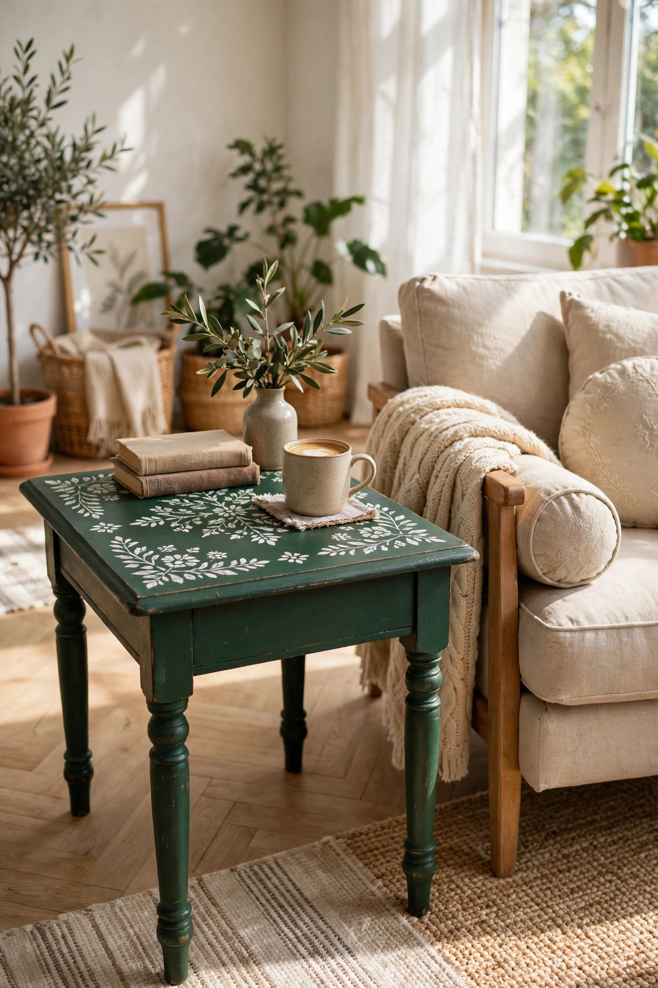 15 Thrift Store Furniture Flips Worth Trying 11 A forest green side table with a white stenciled floral top beside an armchair