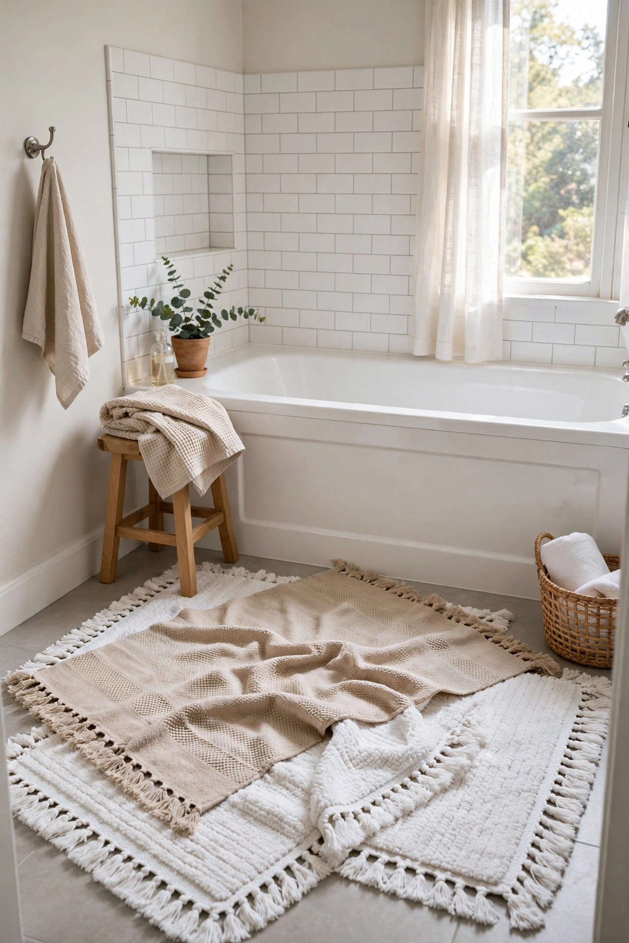 19 Rental Bathroom Ideas That Make It Feel Like Your Own 11 Soft layered washable bath rugs in white and beige overlapping on a bathroom floor in front of a white bathtub.