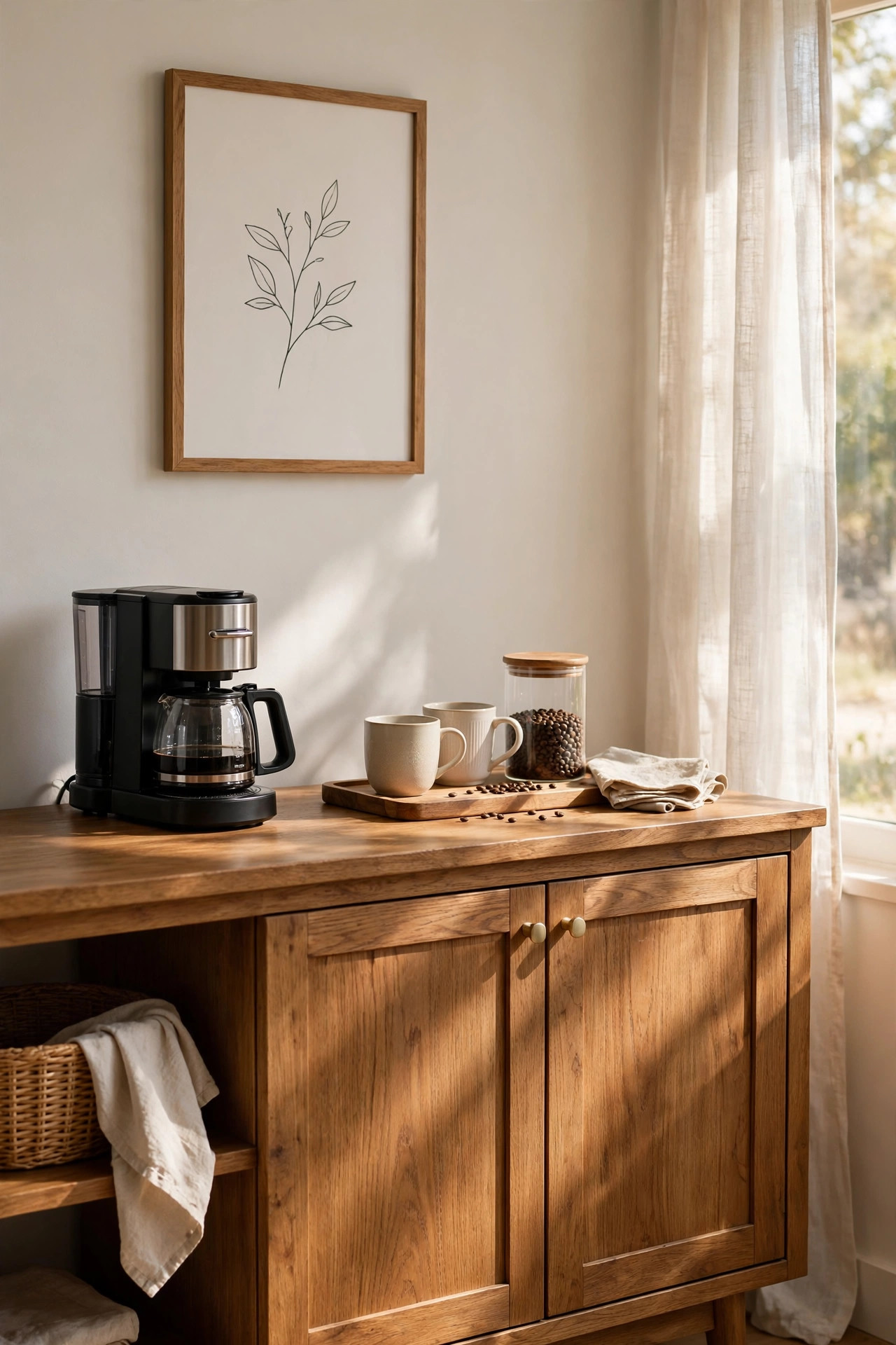 End of a wooden dining room sideboard styled as a coffee bar with a framed print above.