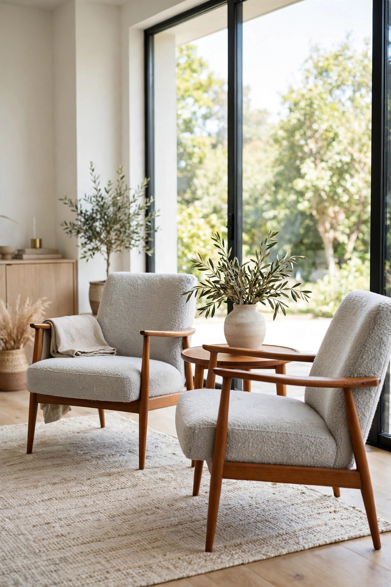 17 Mid-Century Modern Living Room Ideas That Still Feel Fresh 11 Pair of light grey armchairs with tapered wooden legs facing a round side table