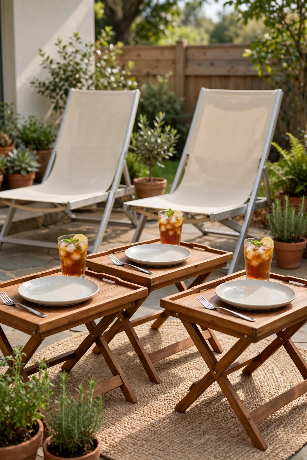 17 Outdoor Dining Ideas for Small Patios 11 Three wooden folding TV tray tables on a patio, each set with a dinner plate, fork and a glass of iced tea