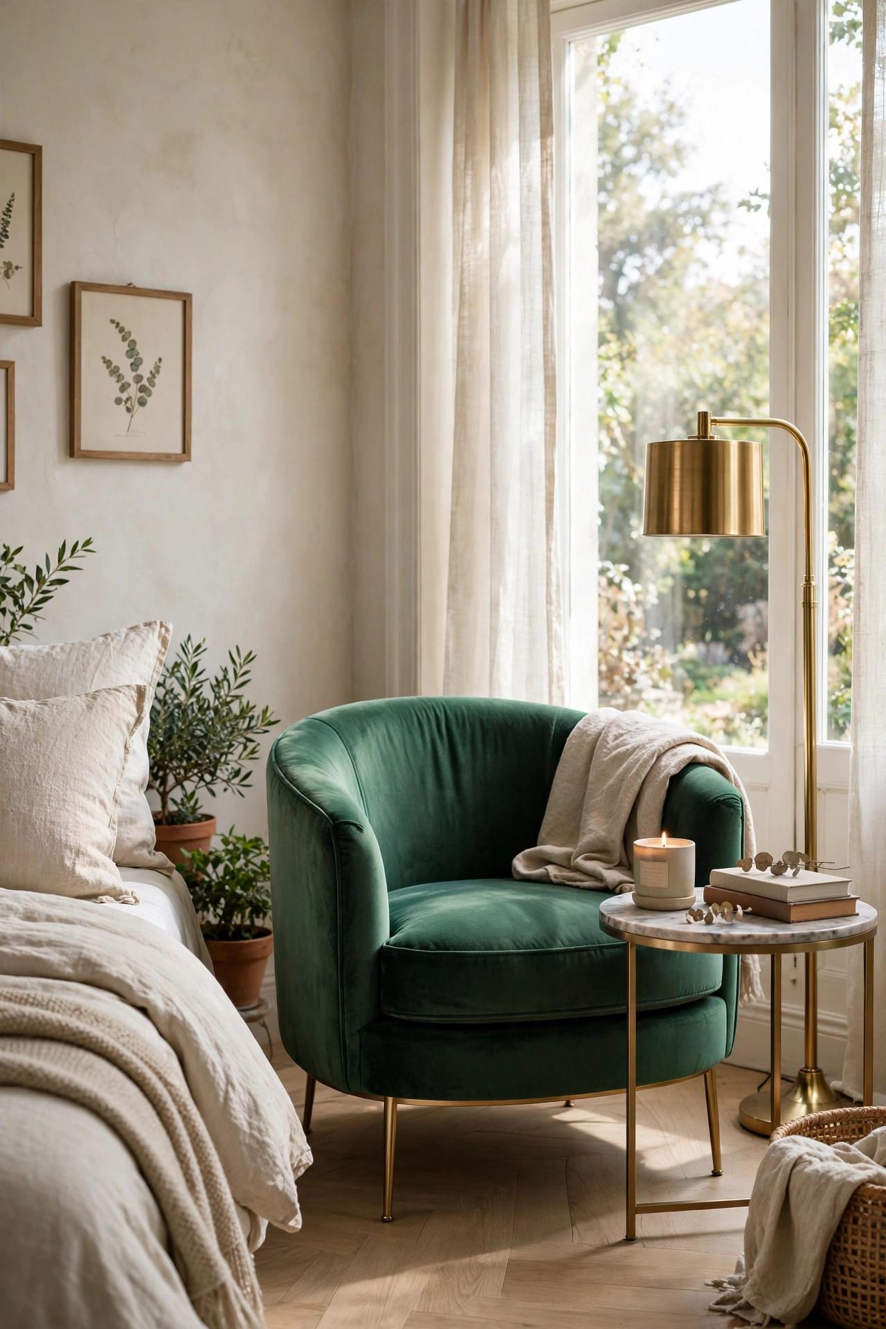 17 Art Deco Bedroom Ideas With a Modern Twist 11 A cozy bedroom corner with a curved emerald green velvet armchair and a small brass side table.