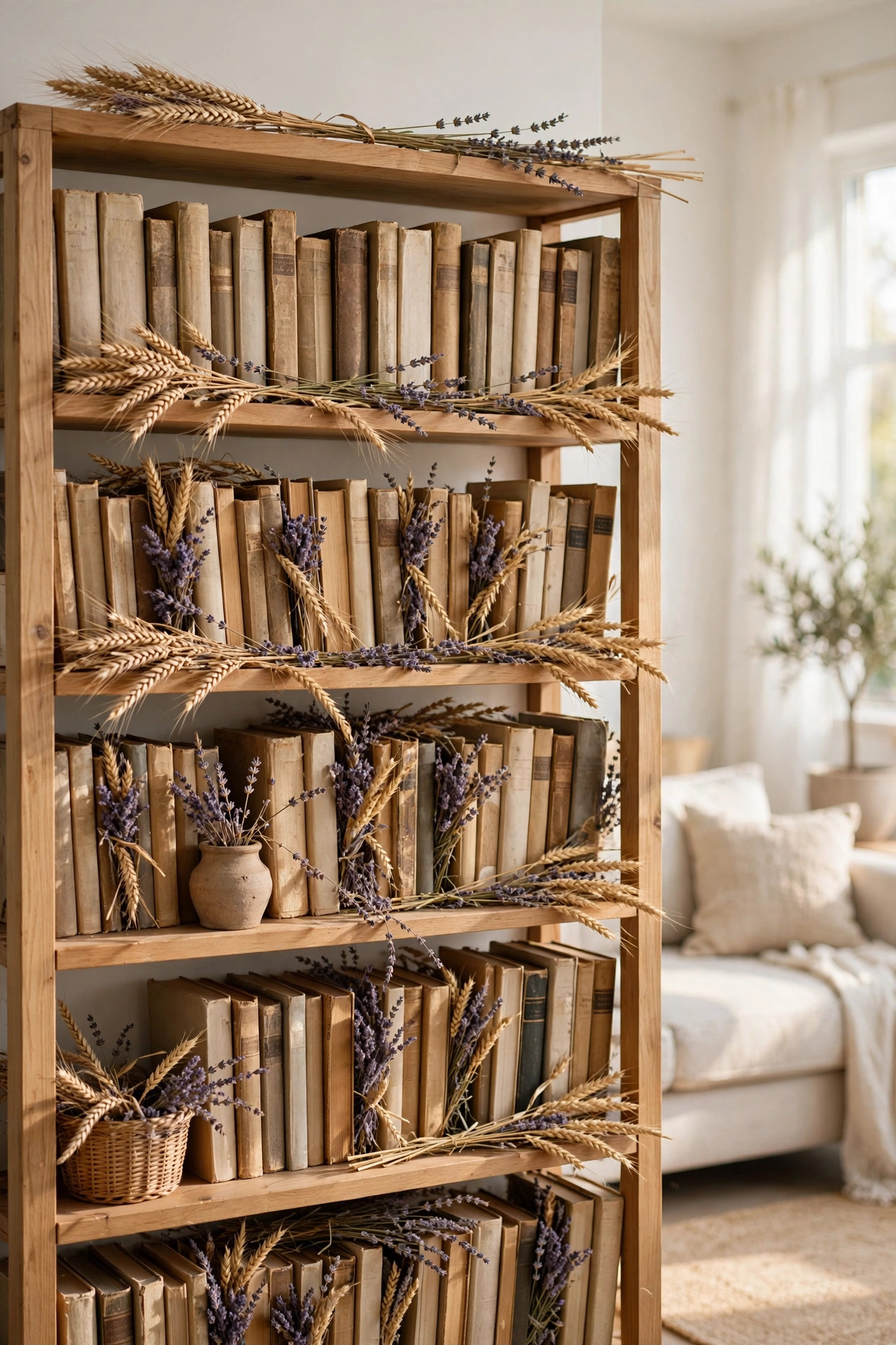 Dried wheat and lavender stems woven through rows of books on a shelf