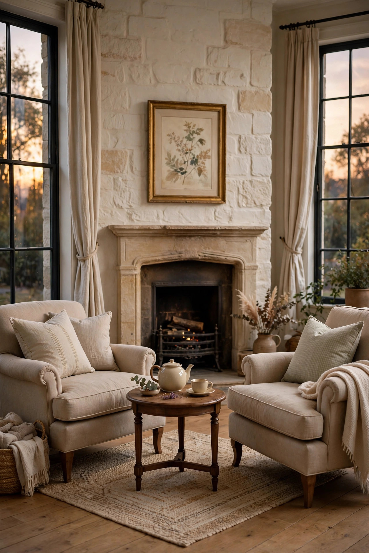 15 Warm White Paint Colors That Work in Every Room 11 Sitting room with warm white walls, vintage fireplace, two armchairs, and soft evening light
