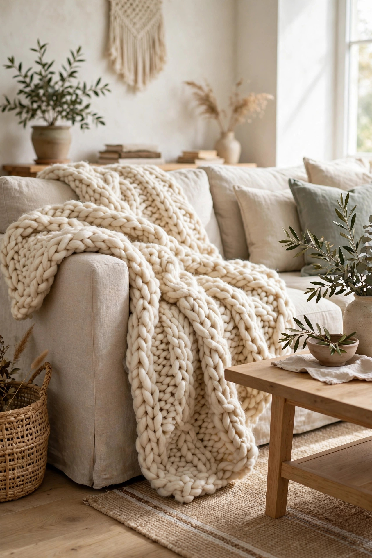 Wool throw on sofa