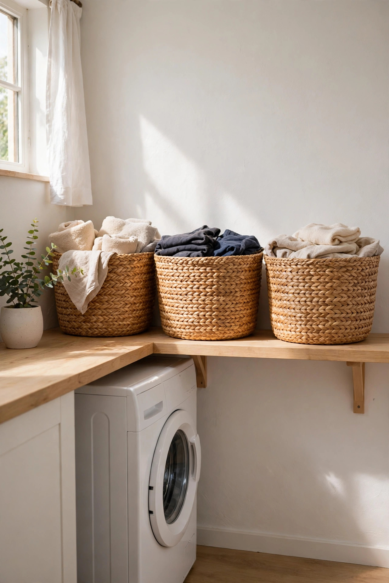 Three woven seagrass baskets for sorting laundry on a wood shelf.