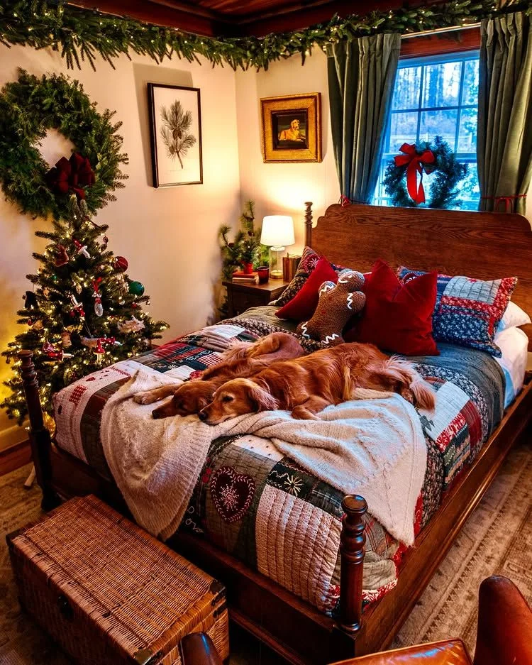 A Christmas bedroom with a dog asleep on the bed, a tree, wreath and garland