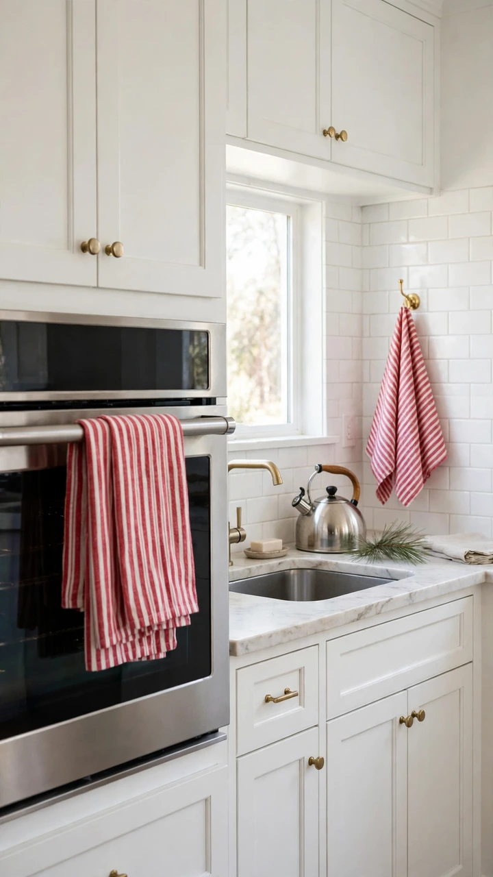 Red and white striped towels hanging on an oven handle and on a gold hook by a kitchen sink, with a kettle on the counter.