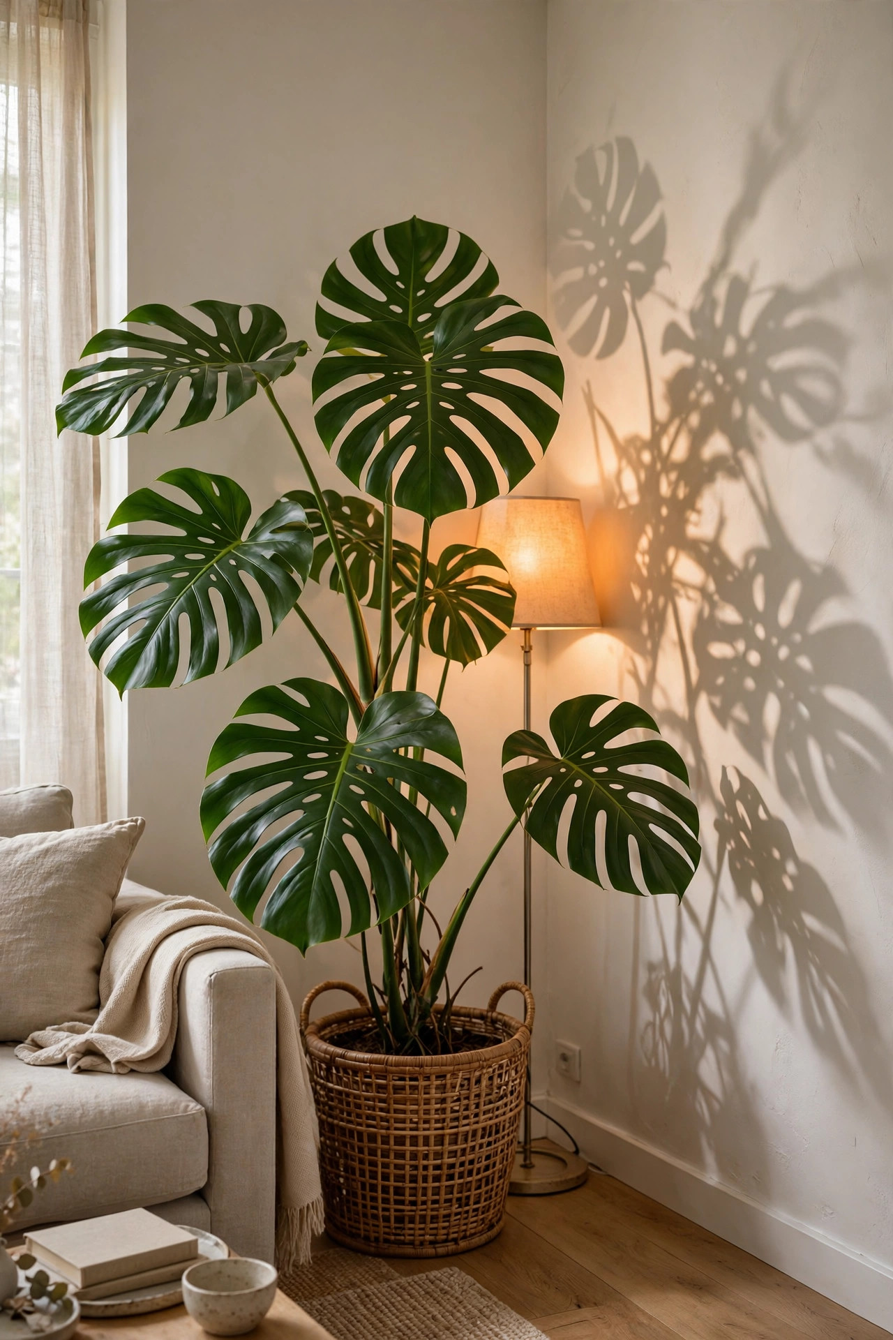 A tall monstera plant in front of a glowing floor lamp, casting leafy shadows on the living room wall.
