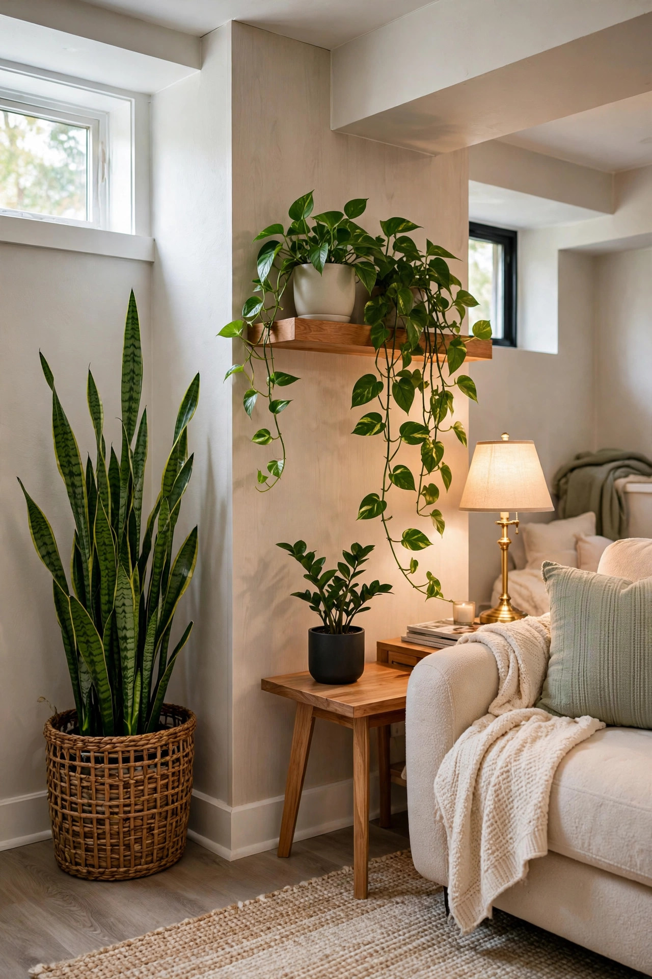 Snake plants and pothos in woven baskets adding greenery to a bright basement family room corner.