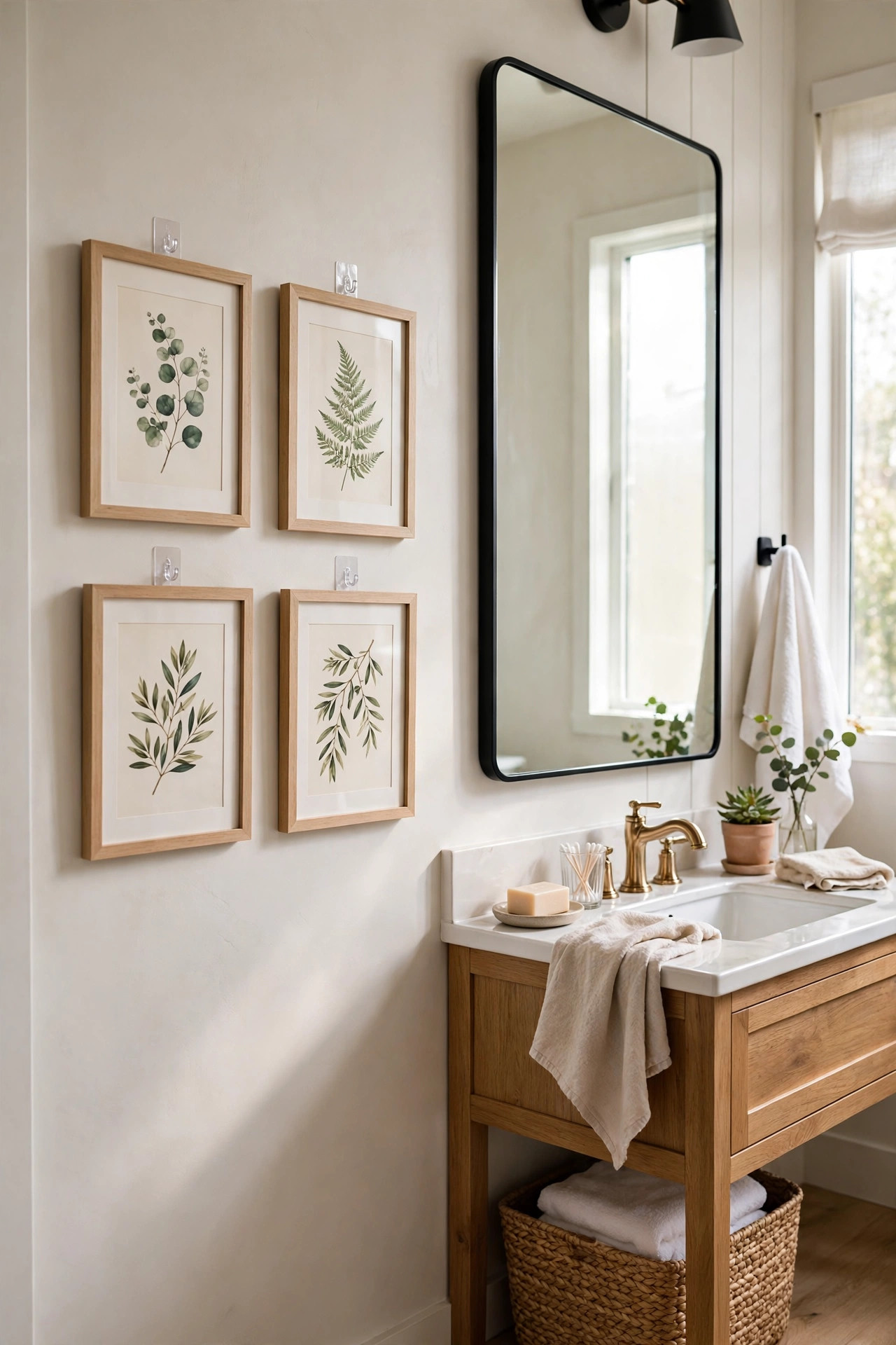 19 Rental Bathroom Ideas That Make It Feel Like Your Own 12 A small gallery wall of framed botanical prints hung with removable adhesive hooks on a bathroom wall beside a mirror.