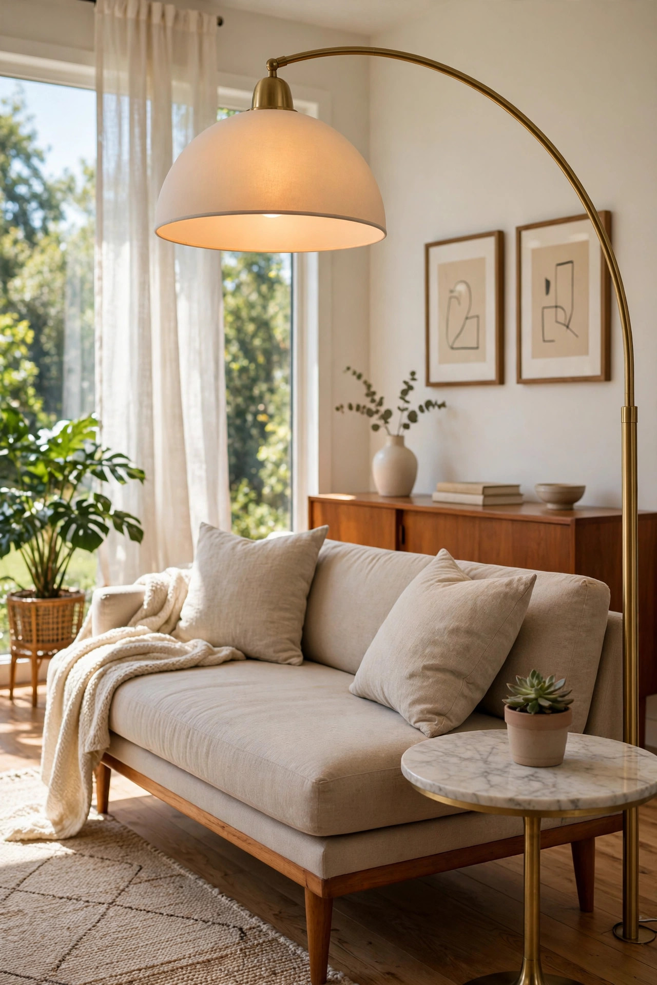 17 Mid-Century Modern Living Room Ideas That Still Feel Fresh 12 Tall brass arc floor lamp curving over a low beige sofa