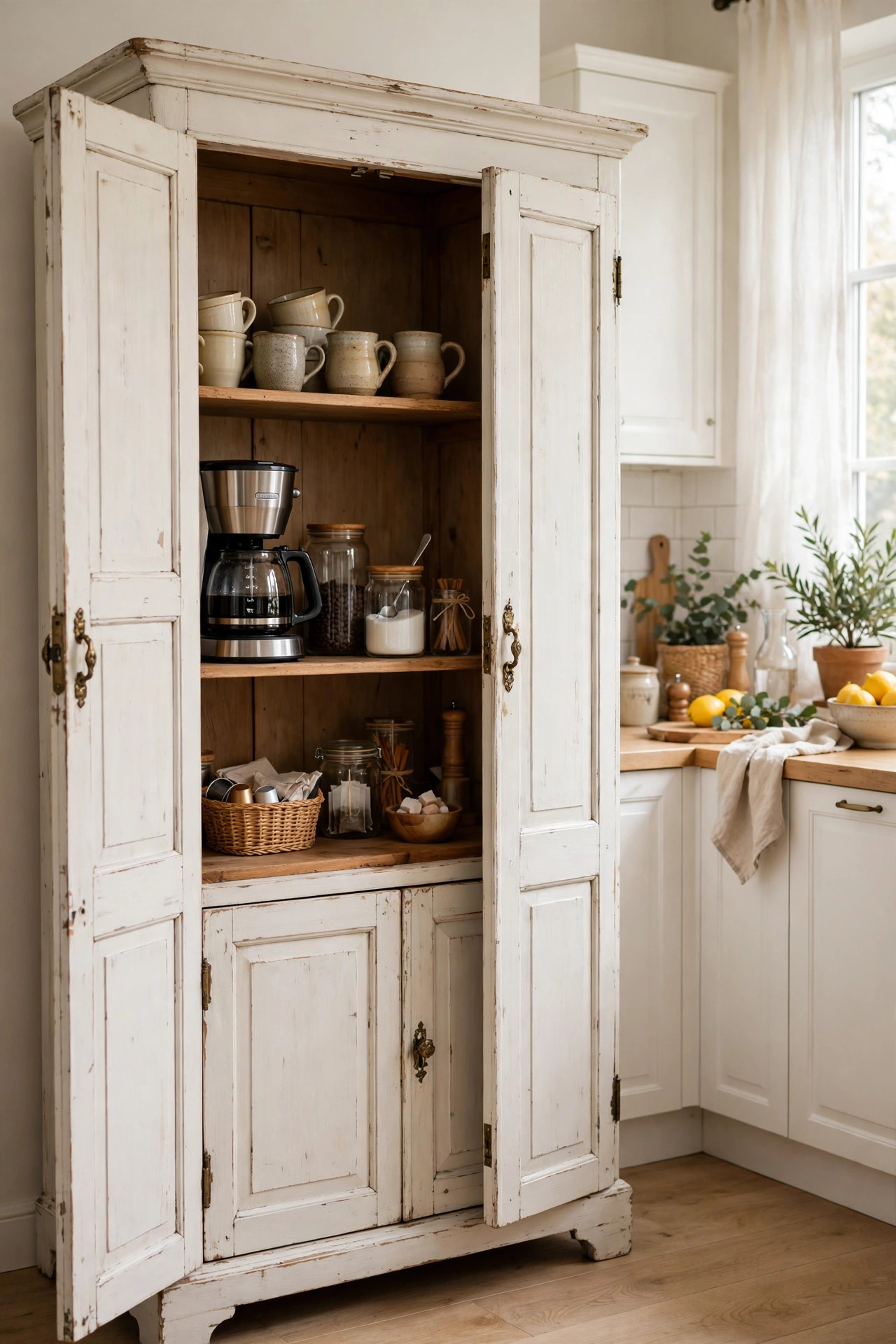 15 Thrift Store Furniture Flips Worth Trying 12 A white armoire converted into a coffee bar with mugs and a coffee maker in a bright kitchen