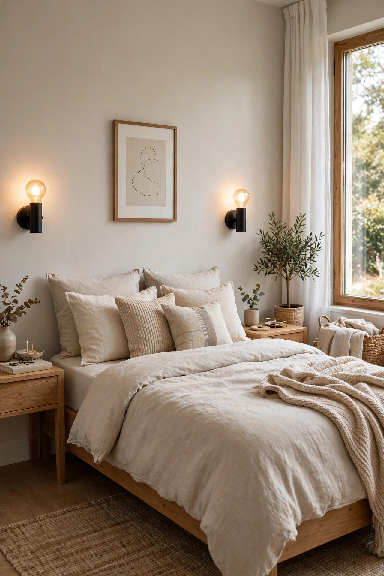 Bedroom with warm glowing sconces mounted on each side of the bed.