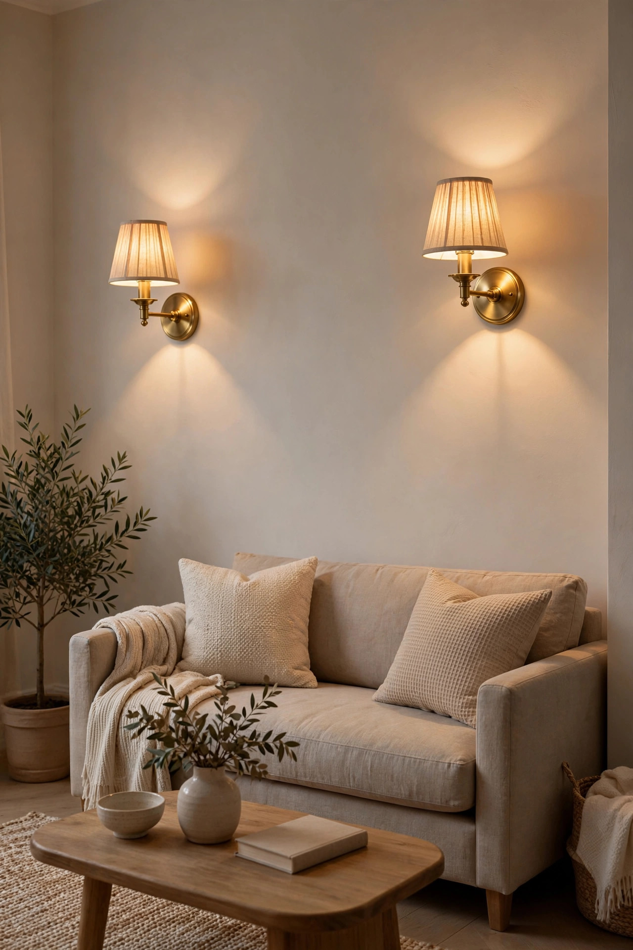 Pair of brass battery operated wall sconces glowing beside a living room sofa
