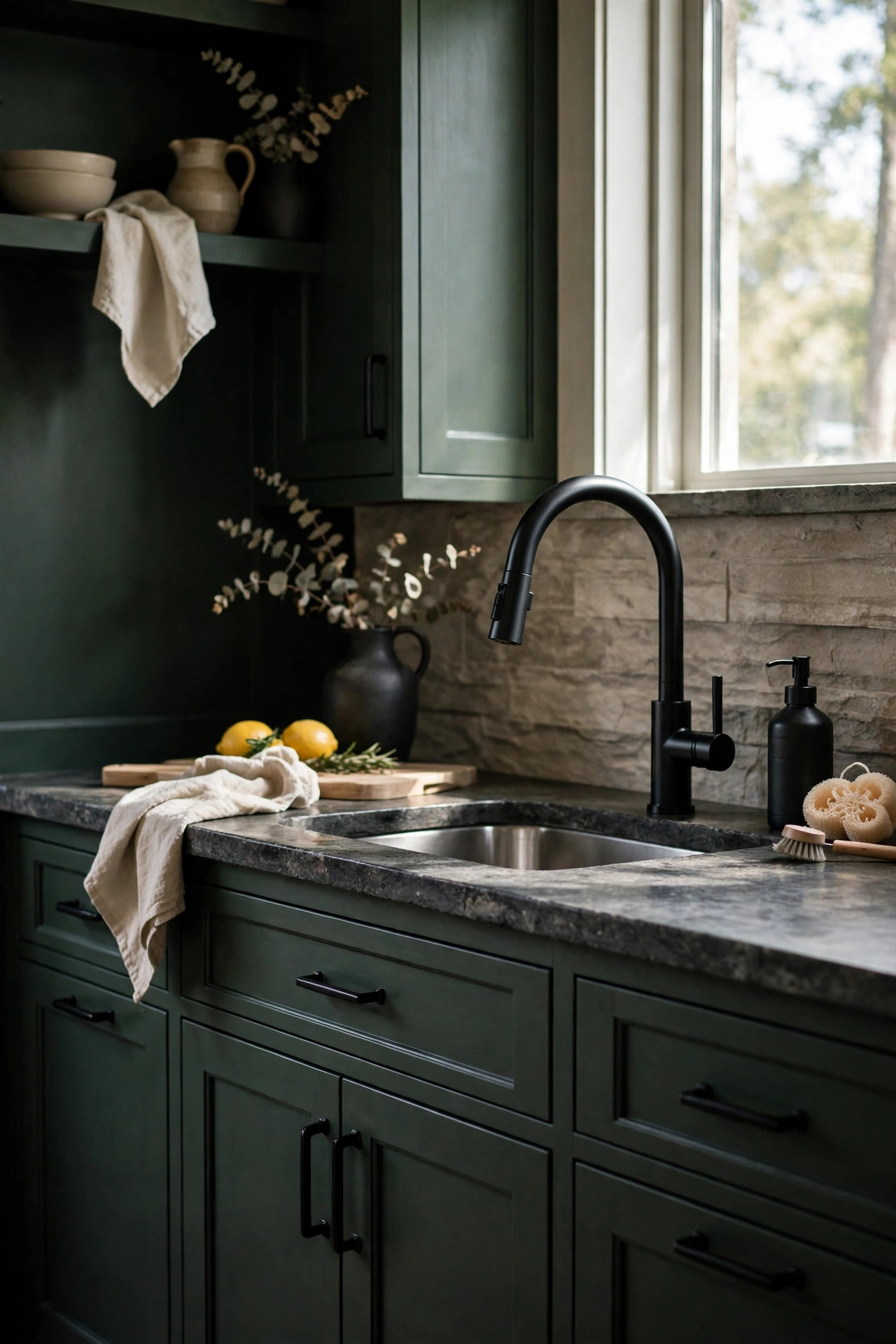 Matte black faucet and matching cabinet hardware on dark green kitchen cabinets.