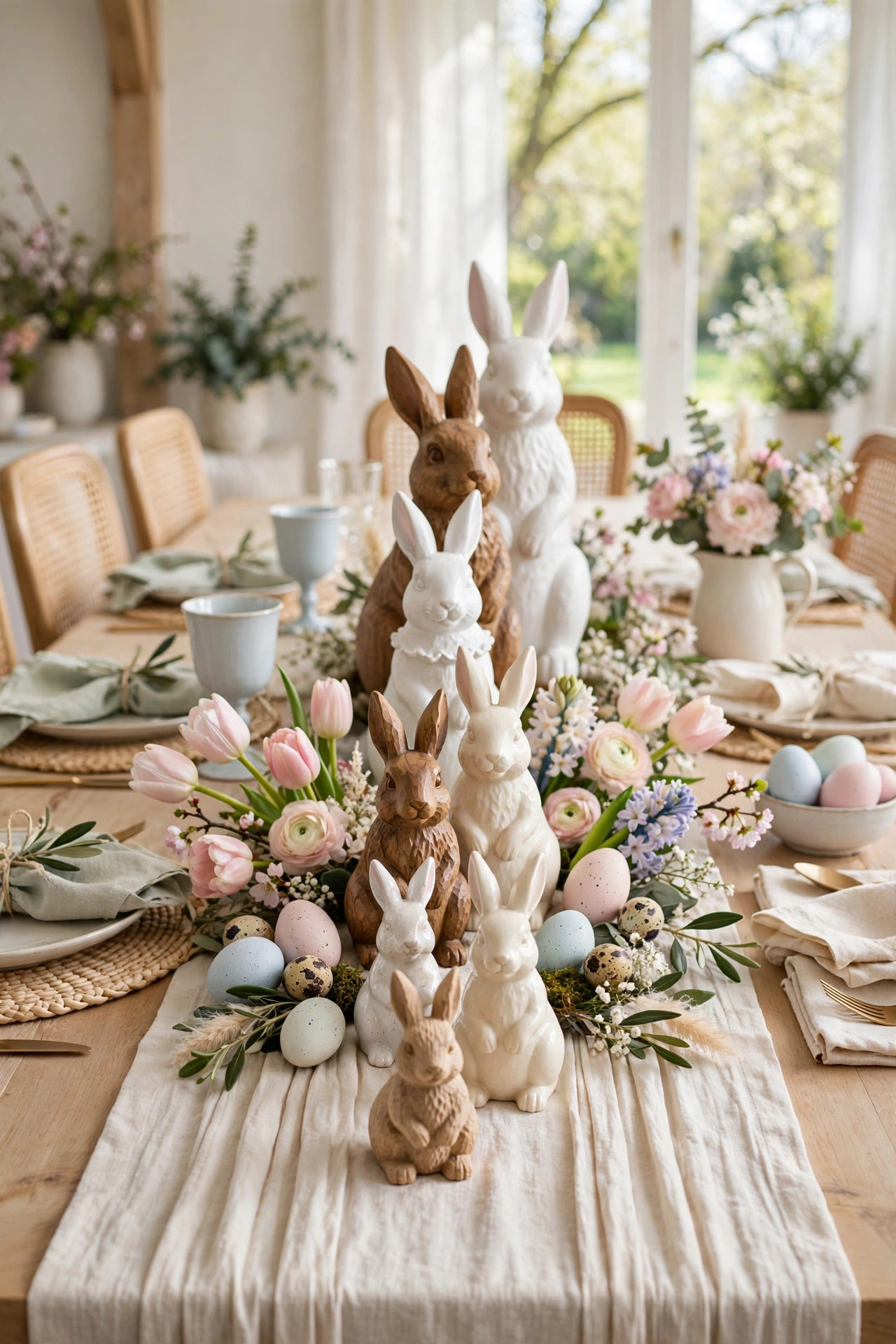 Collection of cream and white bunny figurines down a table center