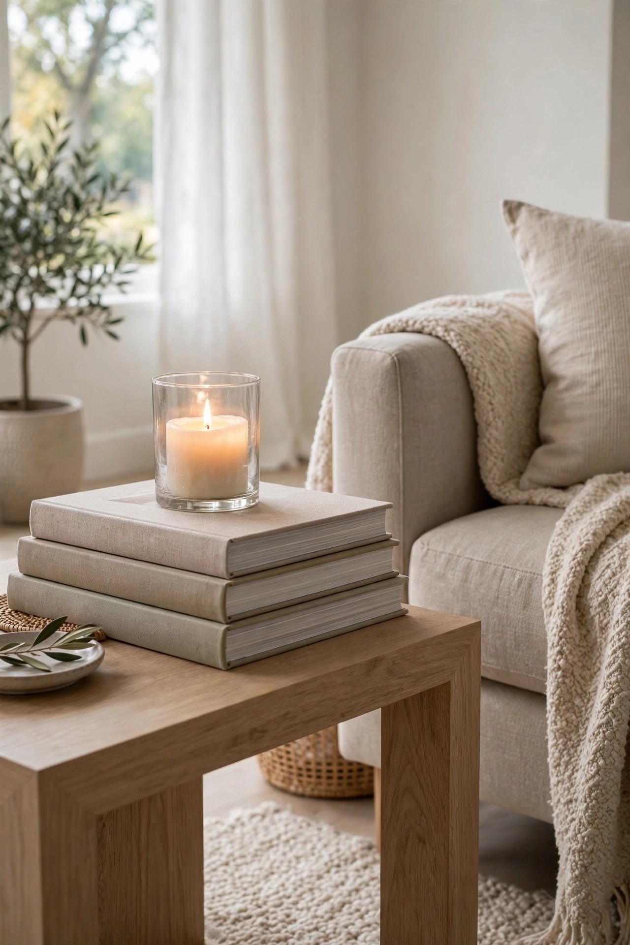 Stack of coffee table books topped with a pillar candle in a glass holder beside a sofa