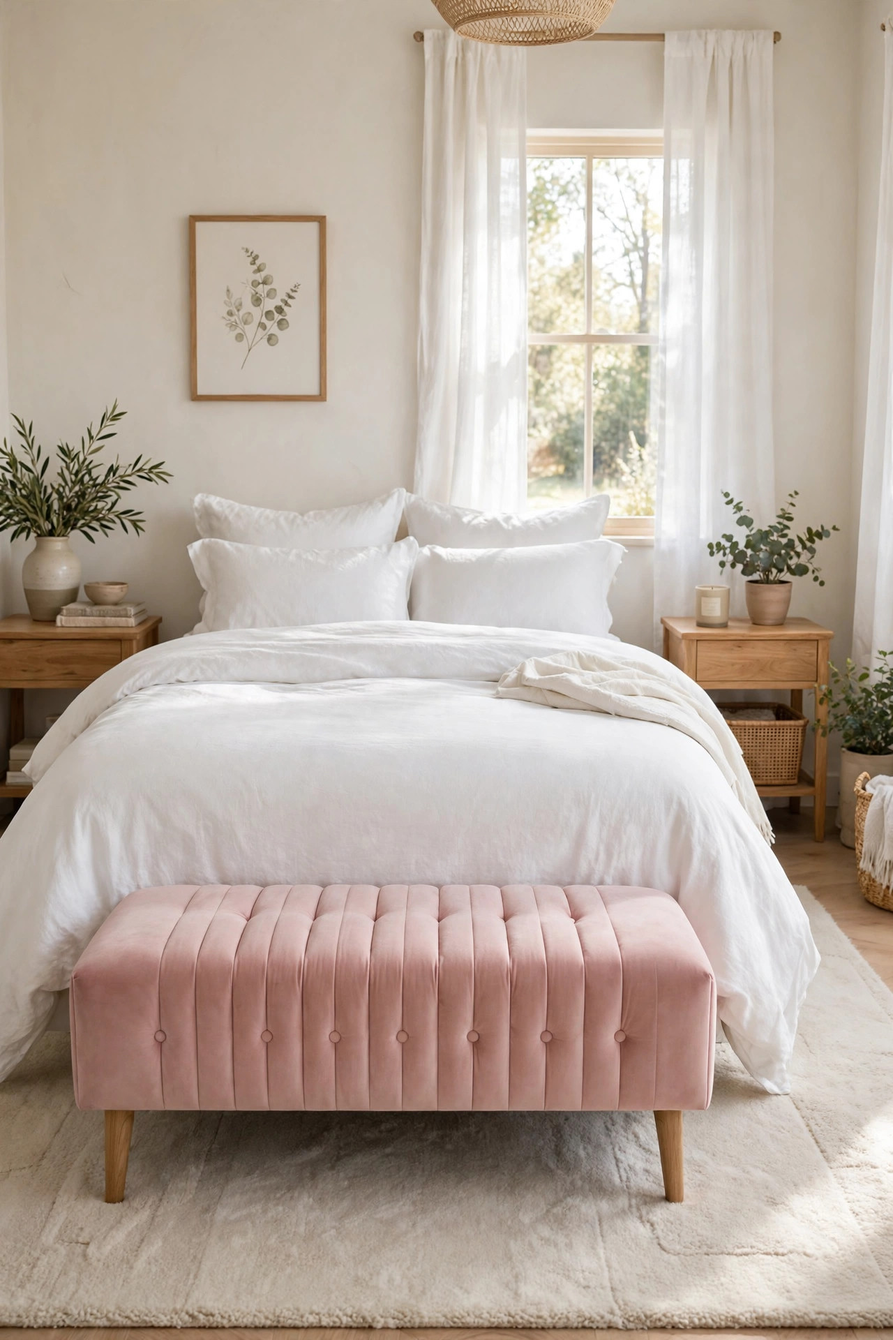 17 Art Deco Bedroom Ideas With a Modern Twist 12 A blush pink channel tufted velvet bench placed at the foot of a neatly made bed.