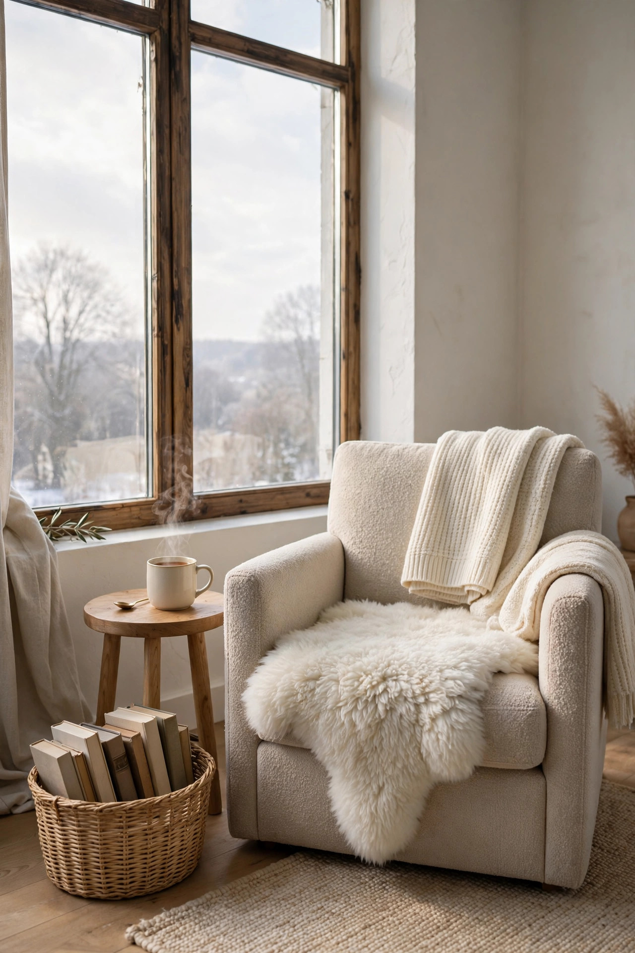Cozy Winter Home Decor Ideas for After the Holidays 12 Reading nook by a bright window with an armchair, folded knit throw, small side table with a mug of tea, and a basket of books