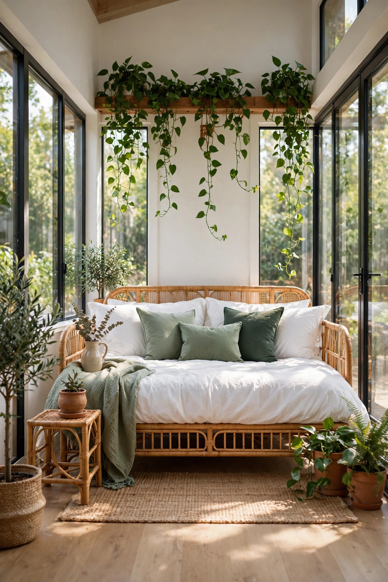 Rattan daybed in crisp white bedding with green accent cushions and trailing pothos above