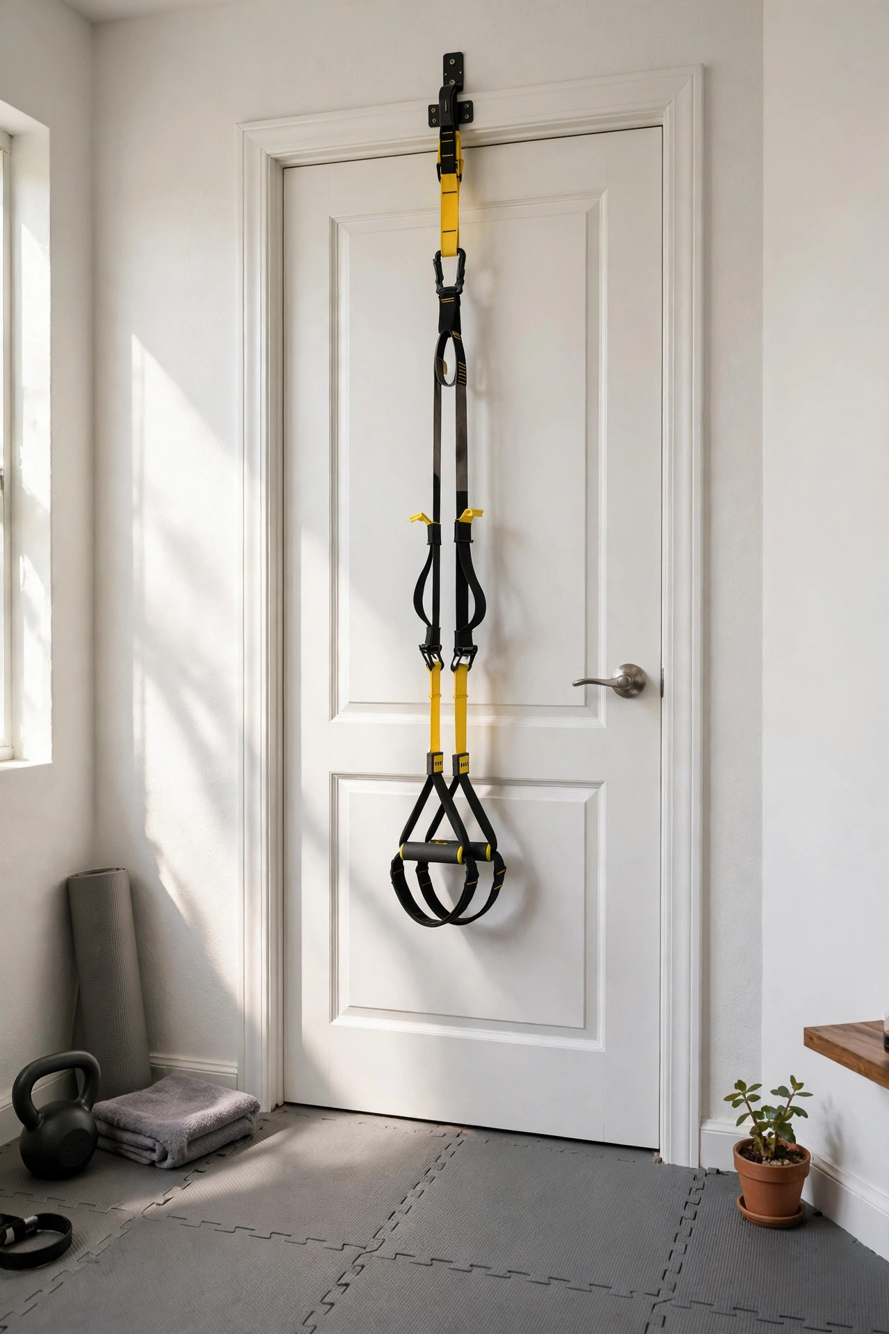 17 Small Home Gym Ideas That Fit in Any Corner 12 Suspension training straps anchored over a white door in a gym corner