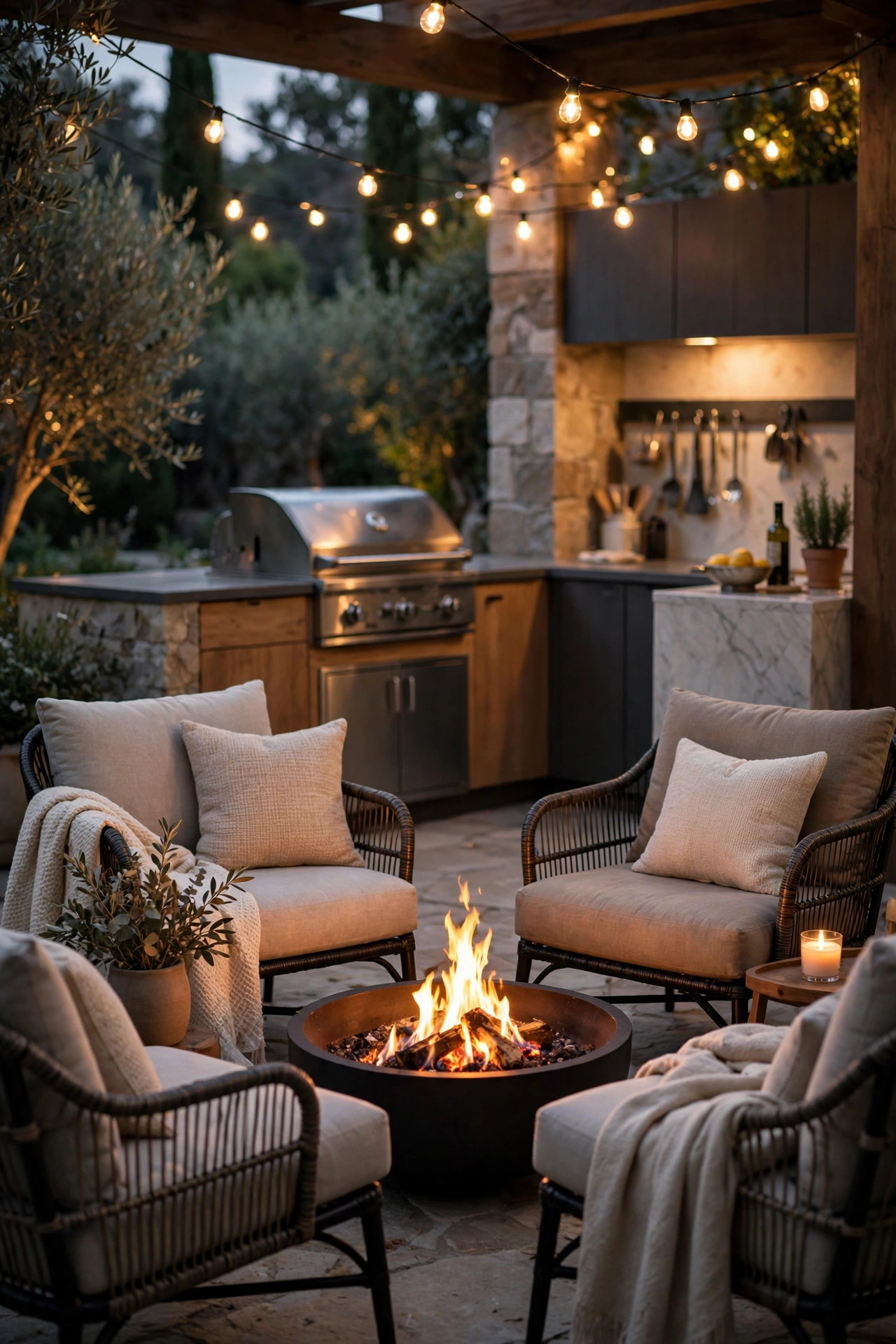 Lounge chairs arranged around a glowing fire pit next to the outdoor kitchen at dusk