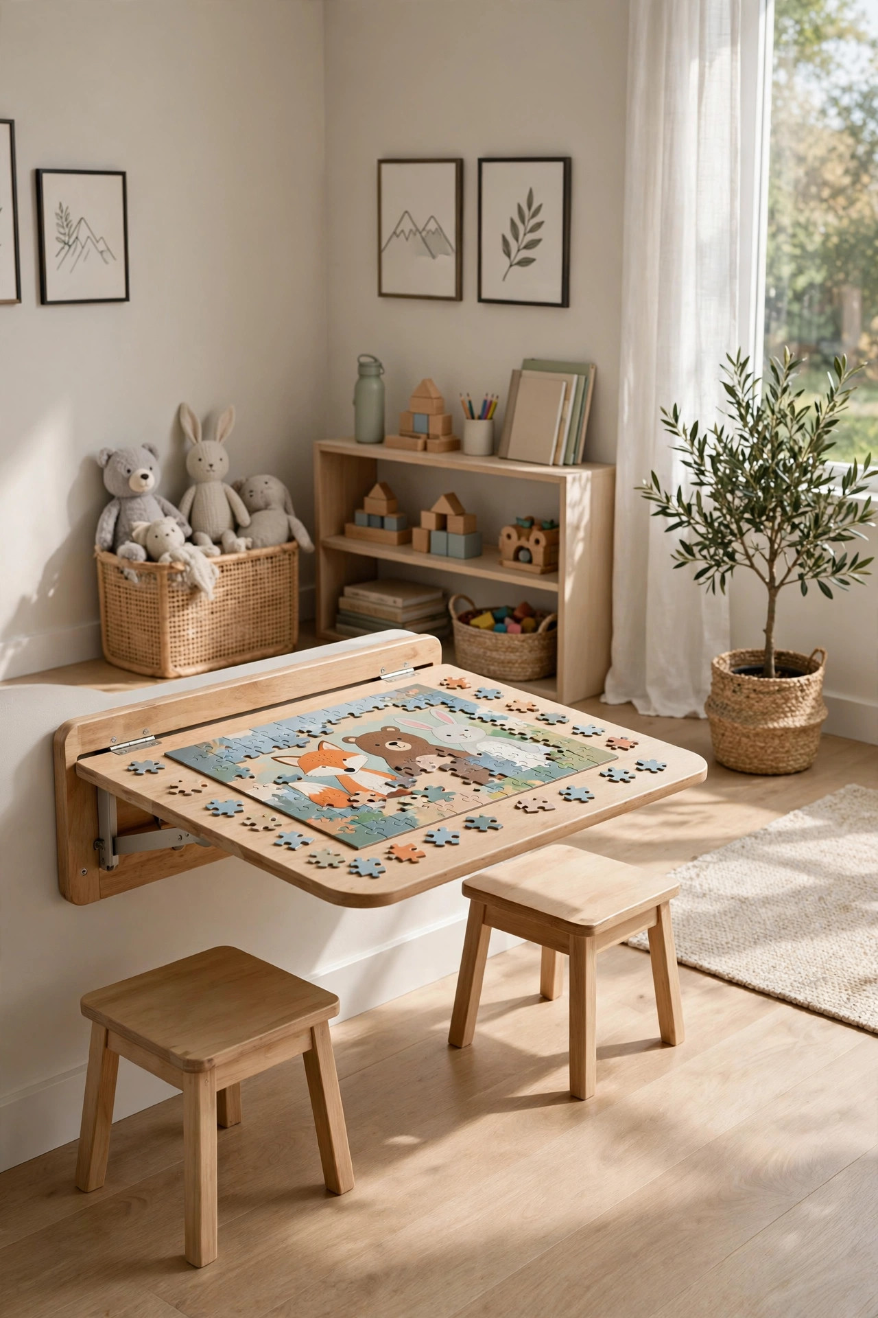 16 Playroom Ideas That Keep the Mess Contained 12 A wall-mounted drop-leaf table open with a puzzle in progress and small stools tucked beside it.