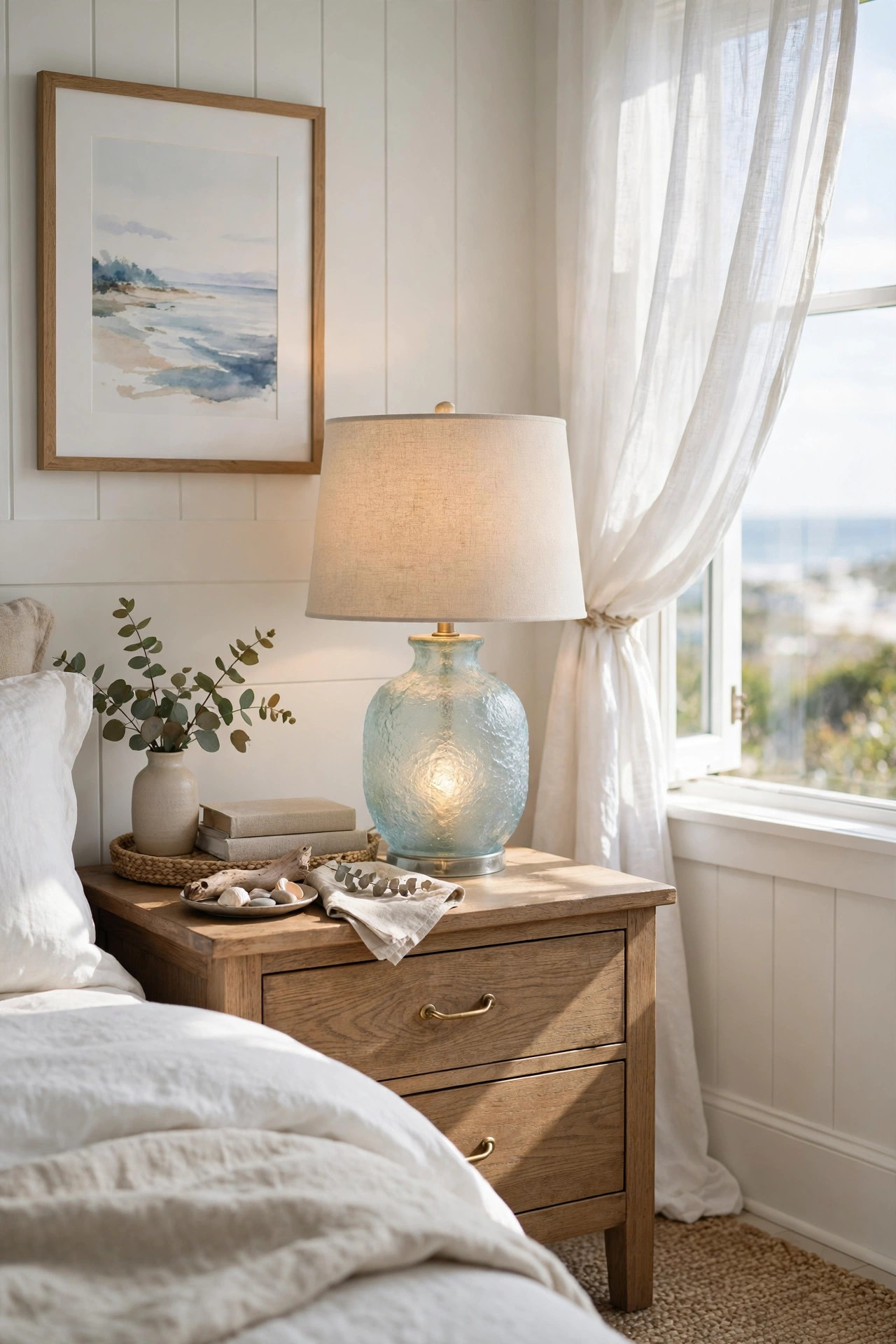 18 Coastal Bedroom Ideas Without the Cliches 12 Bedside table with a frosted glass table lamp glowing softly