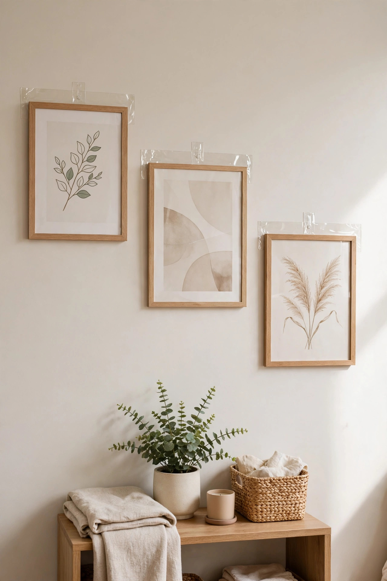 15 Gallery Wall Ideas That Look Curated, Not Cluttered 12 Framed art hangs on a smooth apartment wall with damage free adhesive strips and no nail holes in sight.