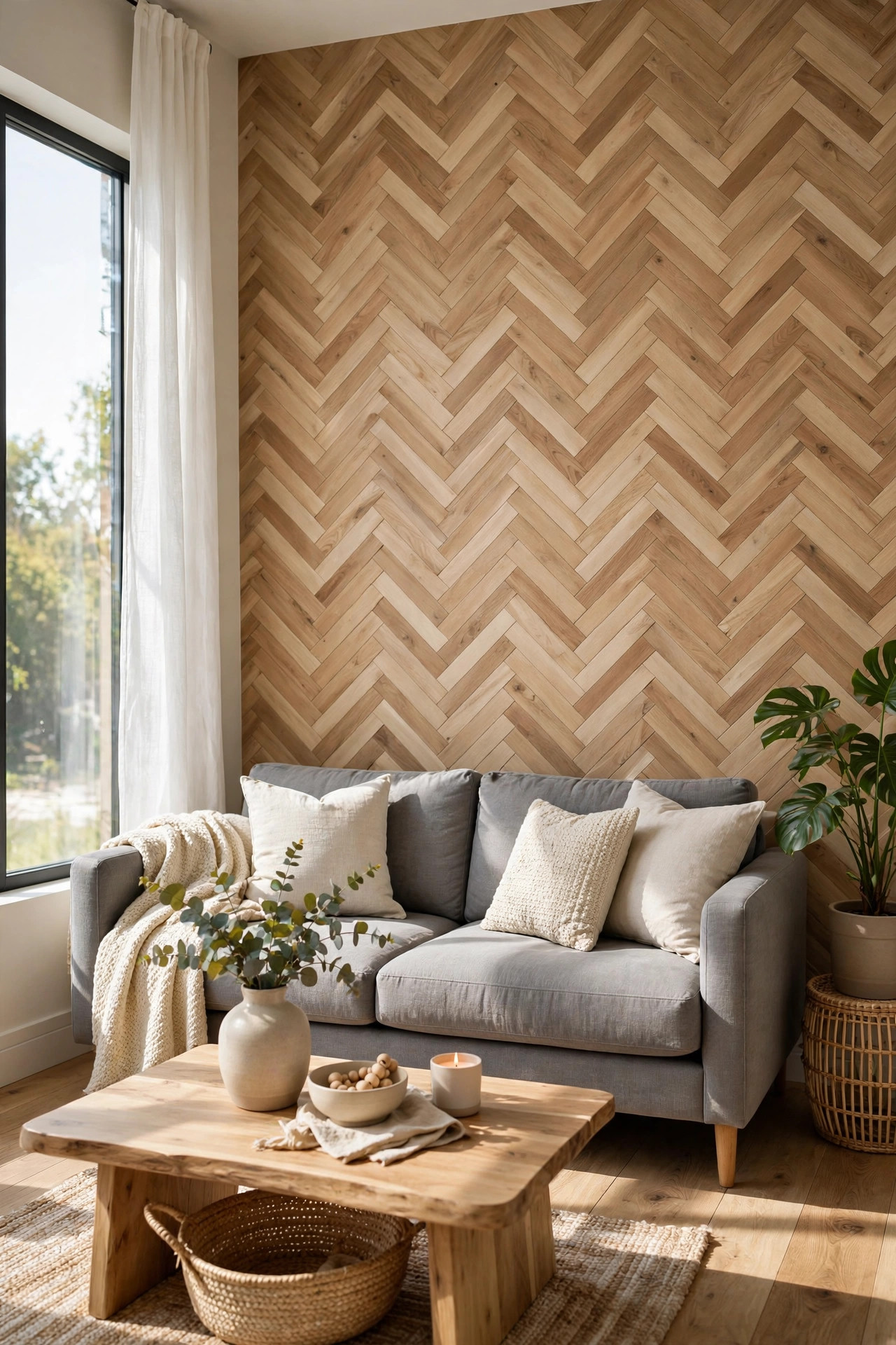 Living room with herringbone wood look peel and stick wallpaper behind a gray sofa.