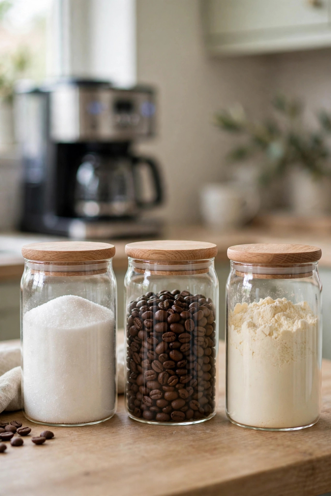 Three matching glass jars with wooden lids holding sugar, coffee beans, and creamer.