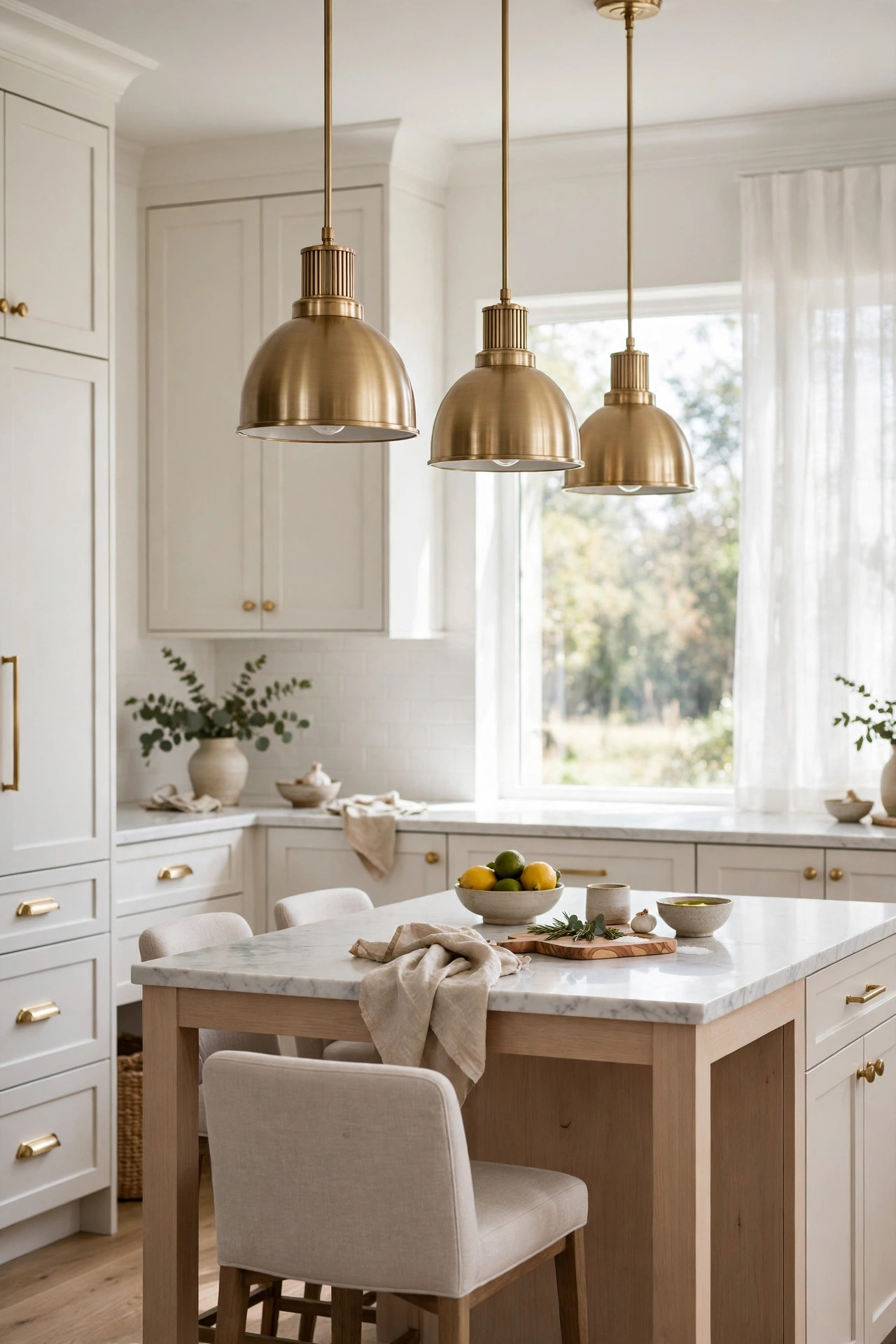 Brass pendant lights over a kitchen island with matching brass cabinet hardware.