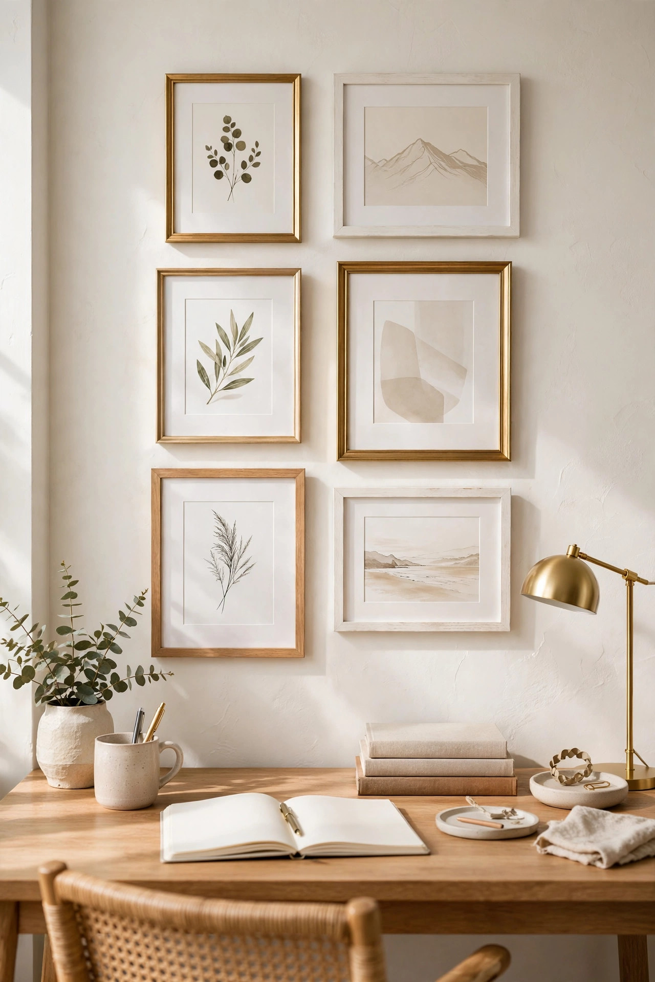 19 Dollar Store Decor Ideas That Look Way More Expensive 12 Small curated gallery wall with gold and white frames above a bright home office desk