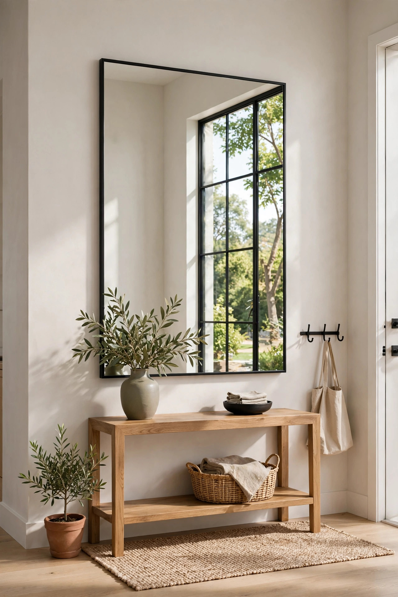 Mirror hung opposite a window in a bright entryway reflecting daylight